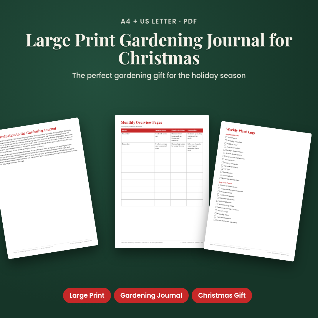 Large Print Gardening Journal for Christmas – A Simple Log for Seniors
