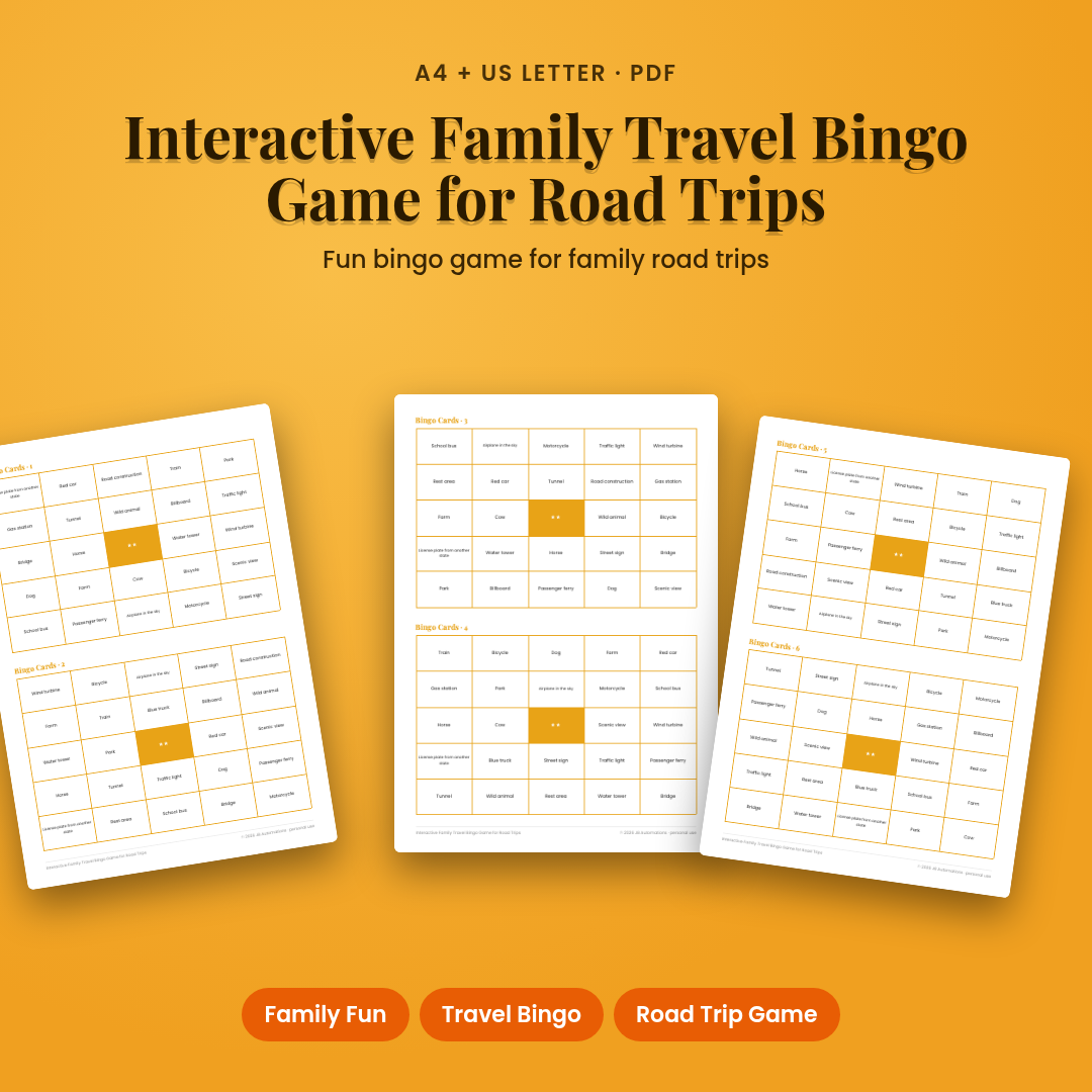 Interactive Family Travel Bingo Game for Road Trips