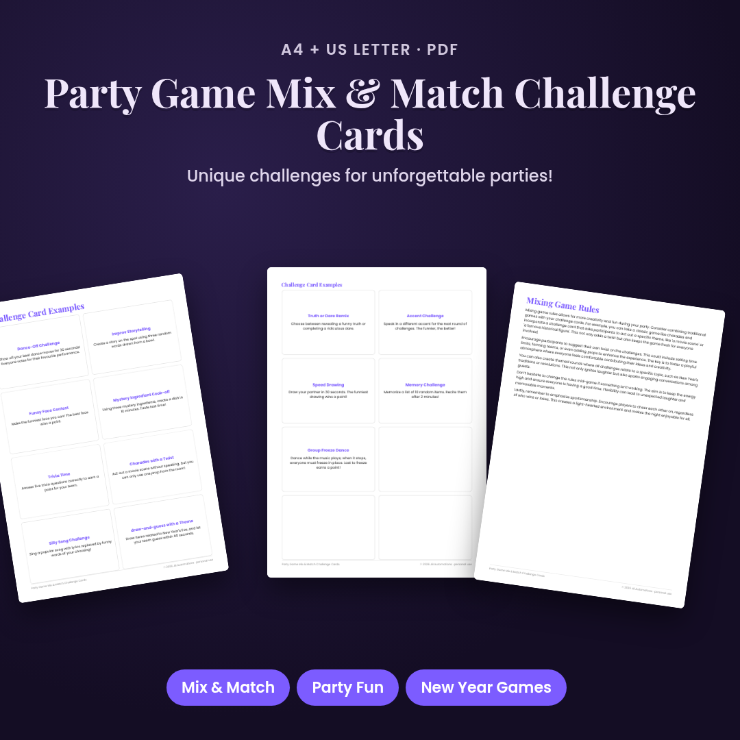 Party Game Mix &amp; Match Challenge Cards