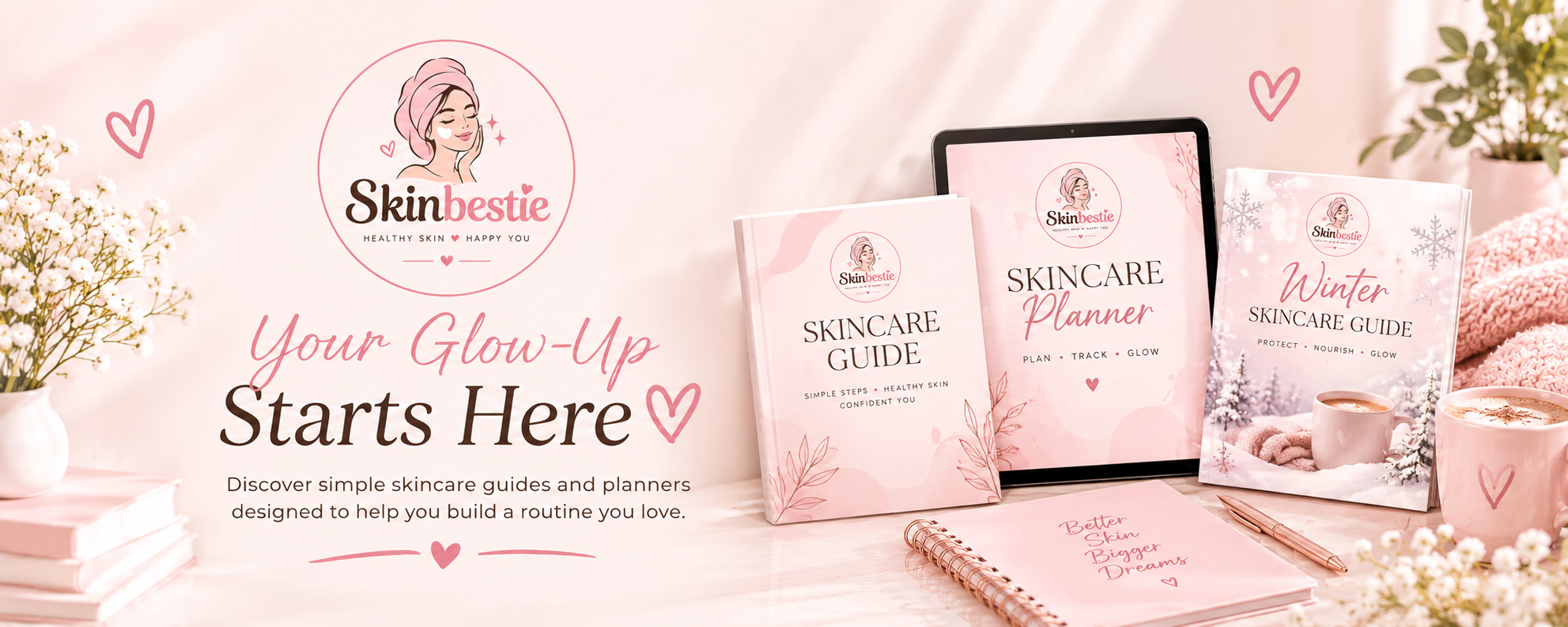 Skinbestie skincare guides and planners in soft pink and brown