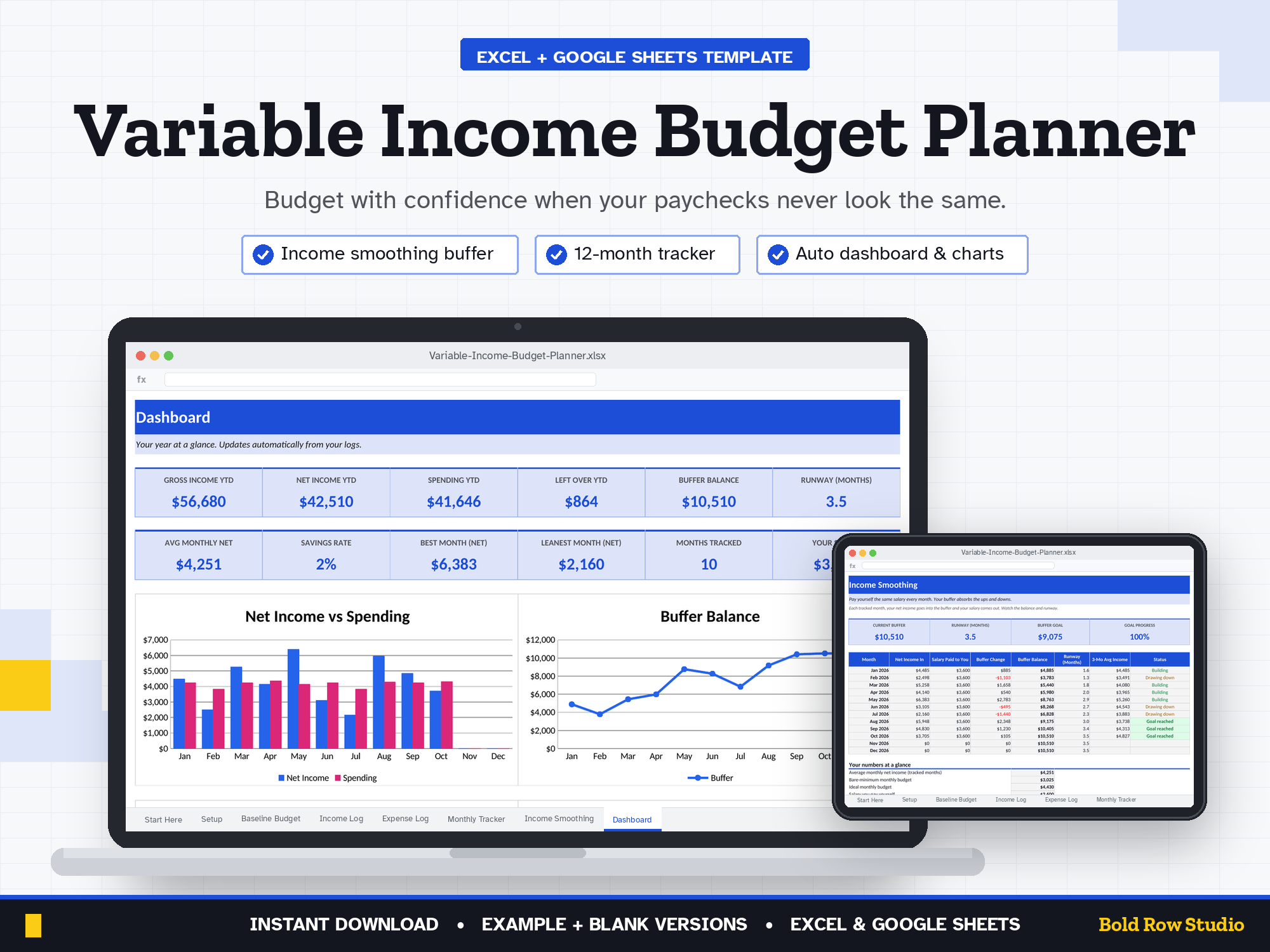 Variable Income Budget Planner: Freelancer & Gig Worker Budget Spreadsheet (Excel + Google Sheets)