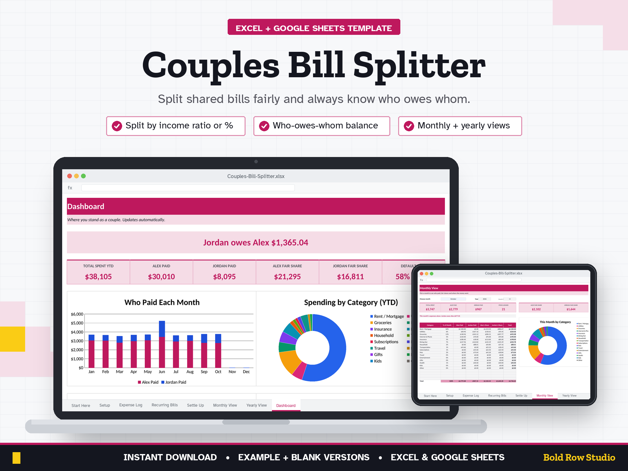 Couples Bill Splitter: Fair Shared Expense Tracker by Income Ratio (Excel + Google Sheets)