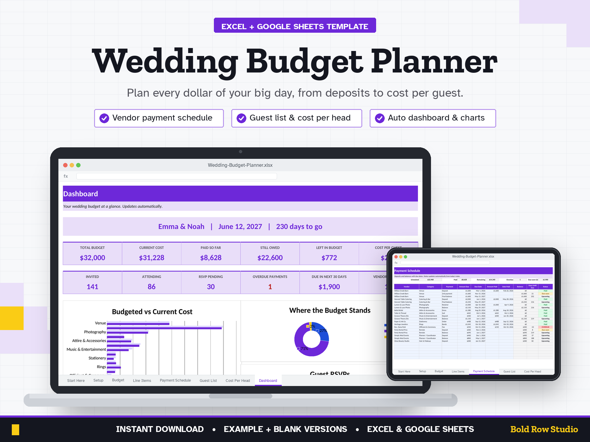 Wedding Budget Planner: Budget vs Actual, Vendor Payment Schedule & Guest Count (Excel + Google Sheets)