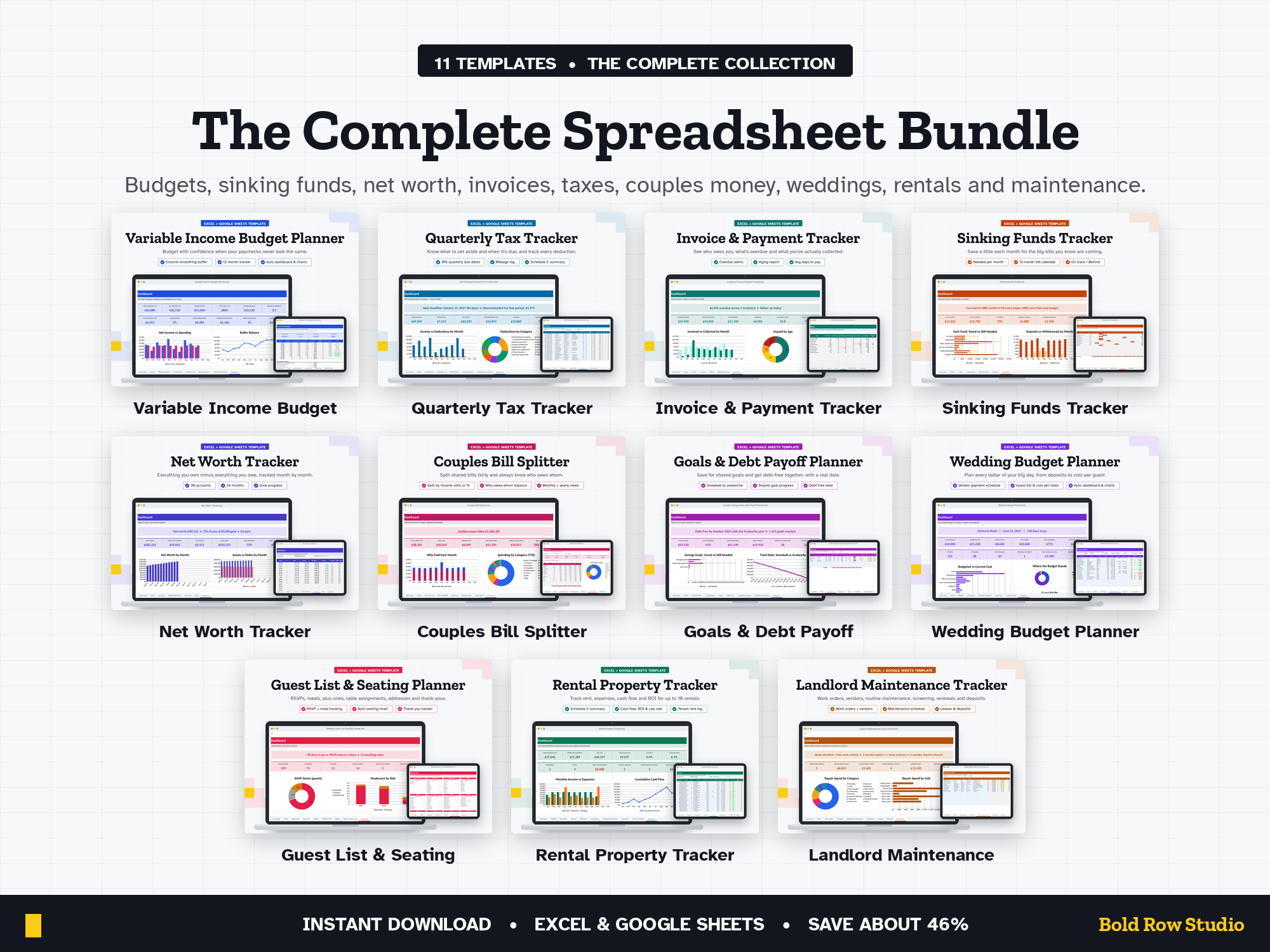 Complete Mega Bundle: All 11 BoldRowStudio Spreadsheet Templates (Excel + Google Sheets)