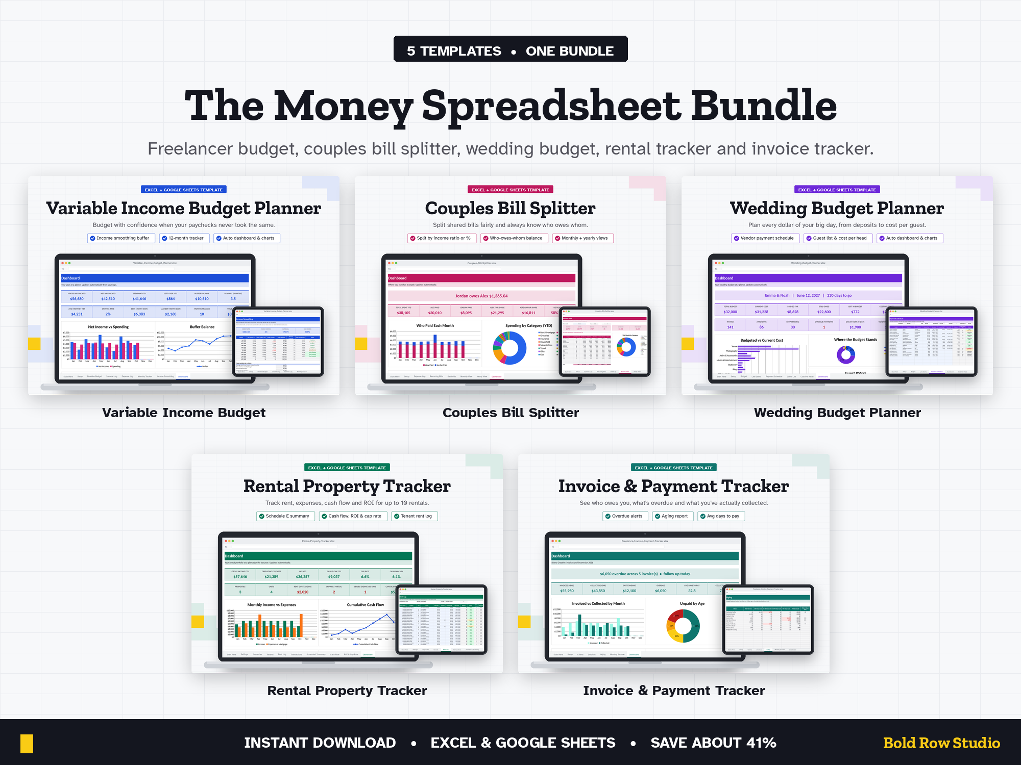 Money Templates Bundle: 5 Budget, Couples, Wedding, Rental & Invoice Spreadsheets (Excel + Google Sheets)
