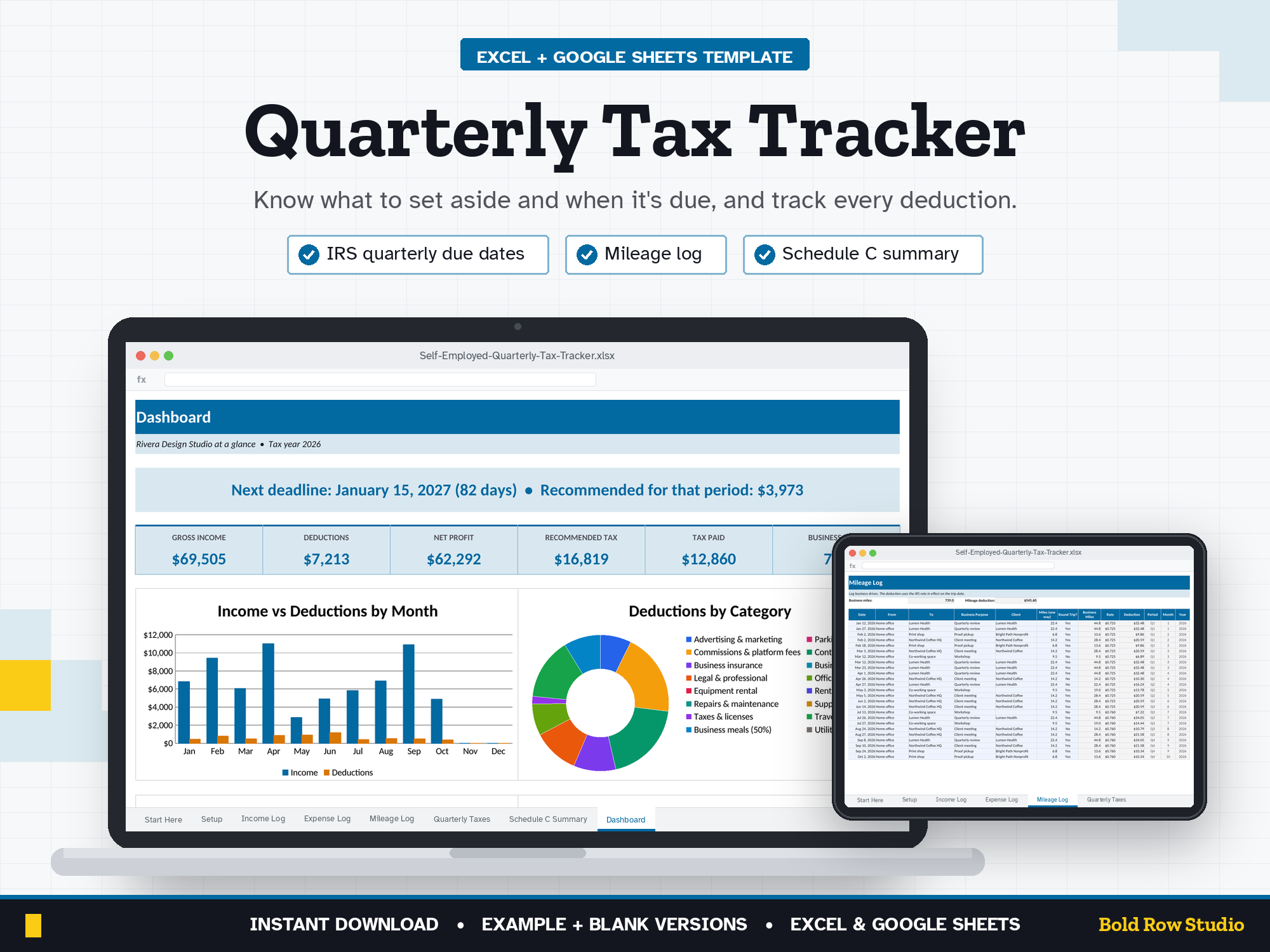 Quarterly Estimated Tax Tracker: Self-Employed Income, Expenses & Mileage Log (Excel + Google Sheets)