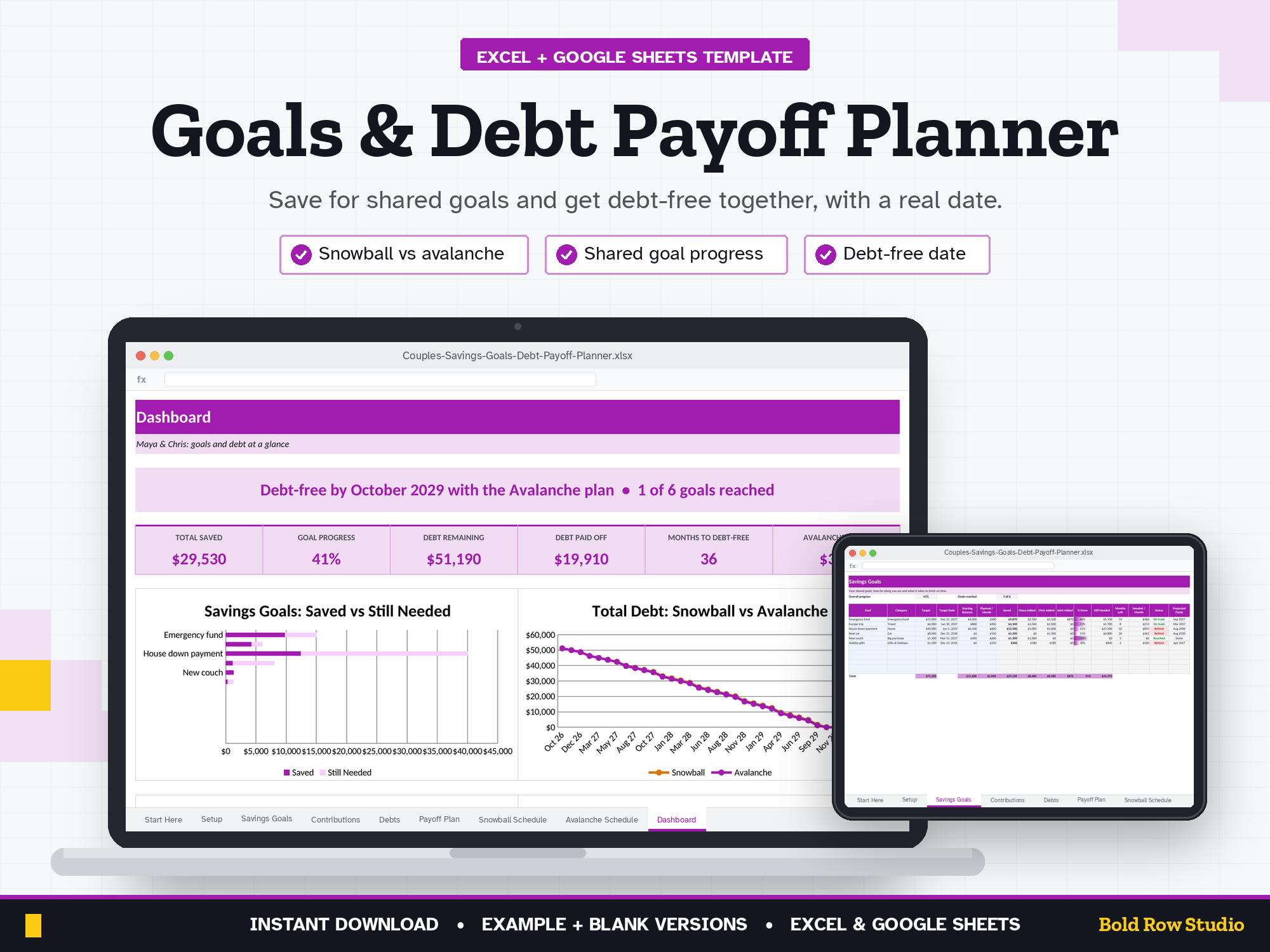 Couples Savings Goals & Debt Payoff Planner: Snowball vs Avalanche (Excel + Google Sheets)