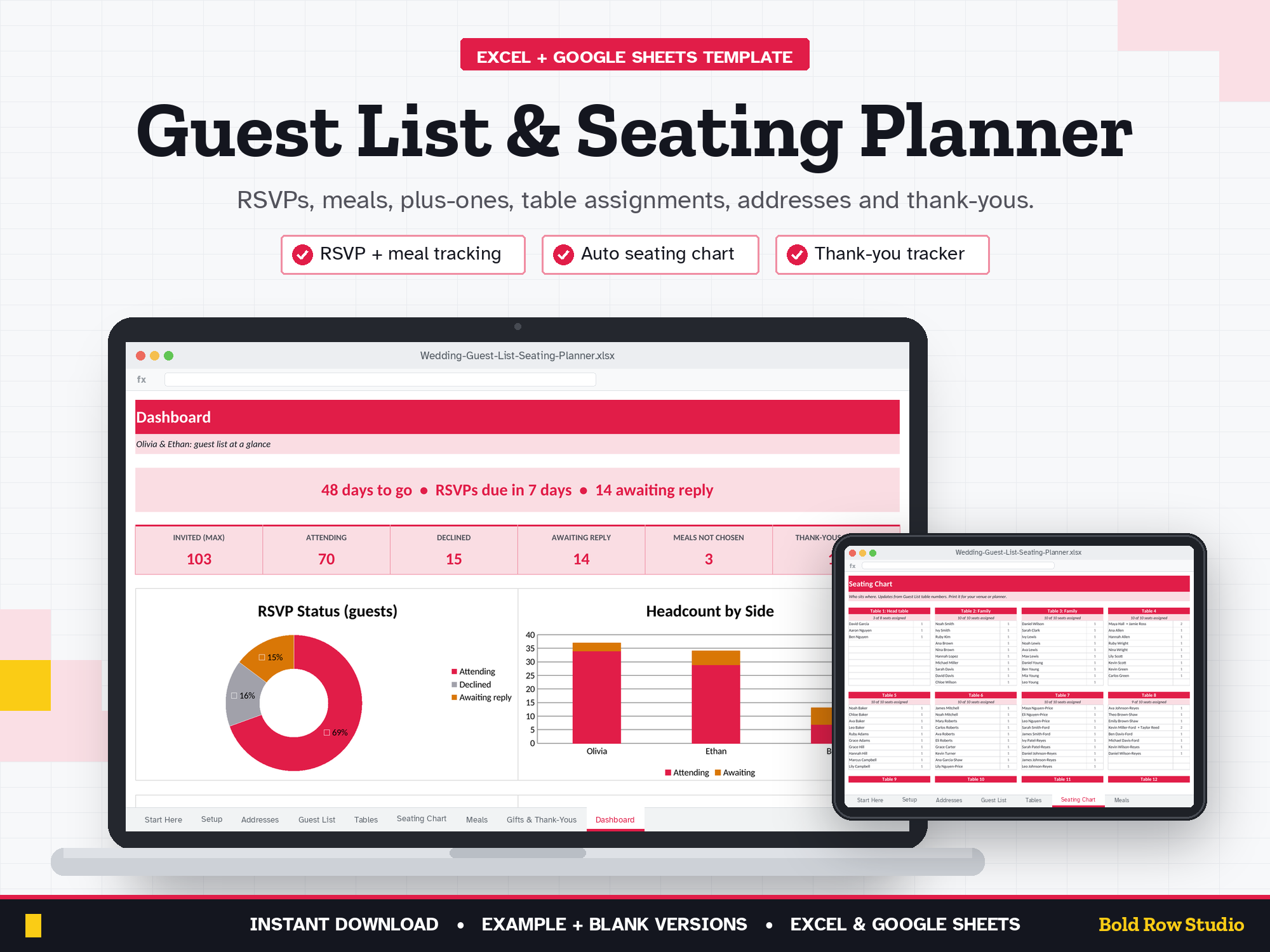 Wedding Guest List & Seating Chart Planner: RSVPs, Meals, Addresses & Thank-Yous (Excel + Google Sheets)