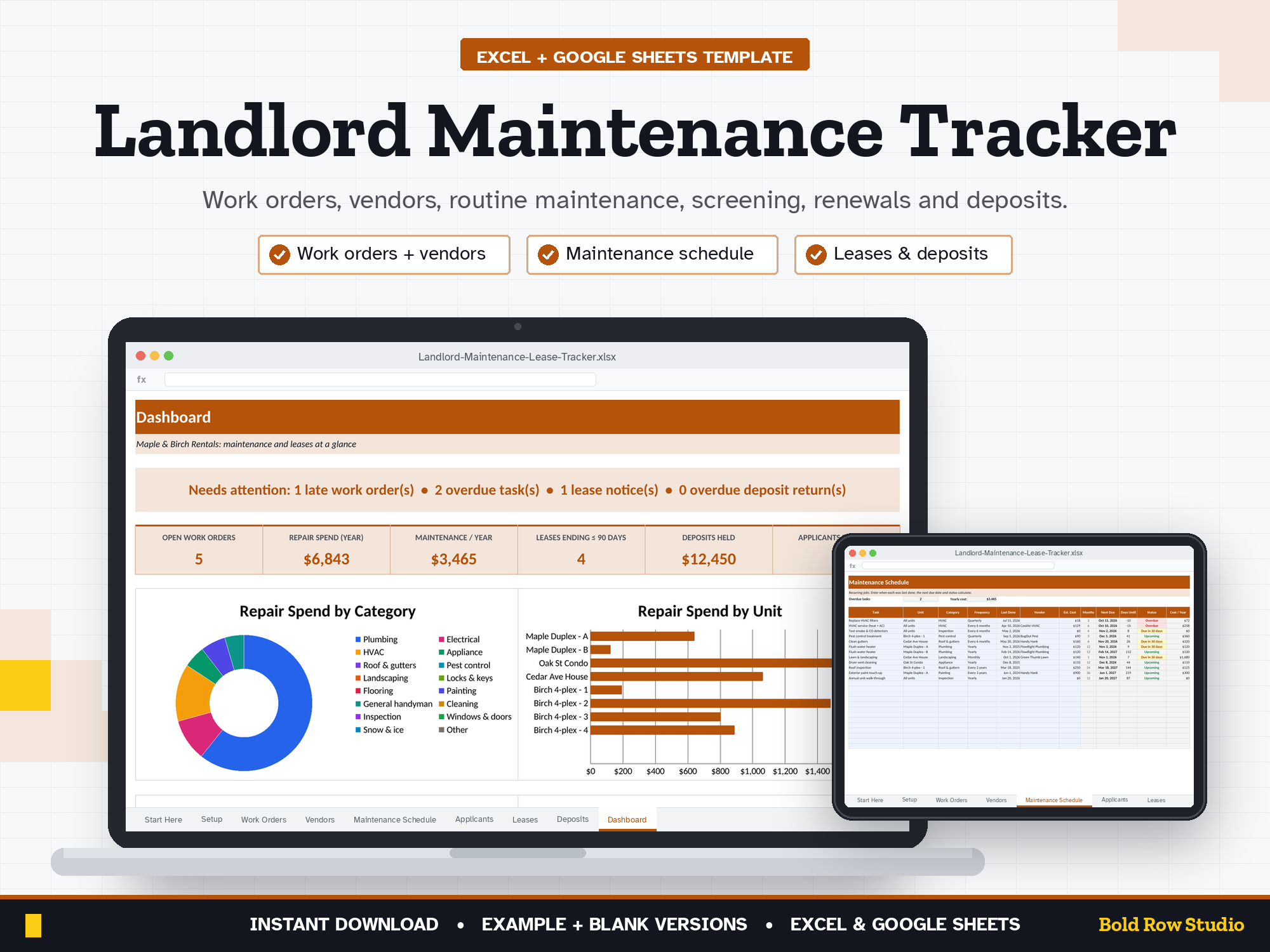 Landlord Maintenance & Lease Tracker: Work Orders, Vendors, Renewals & Deposits (Excel + Google Sheets)