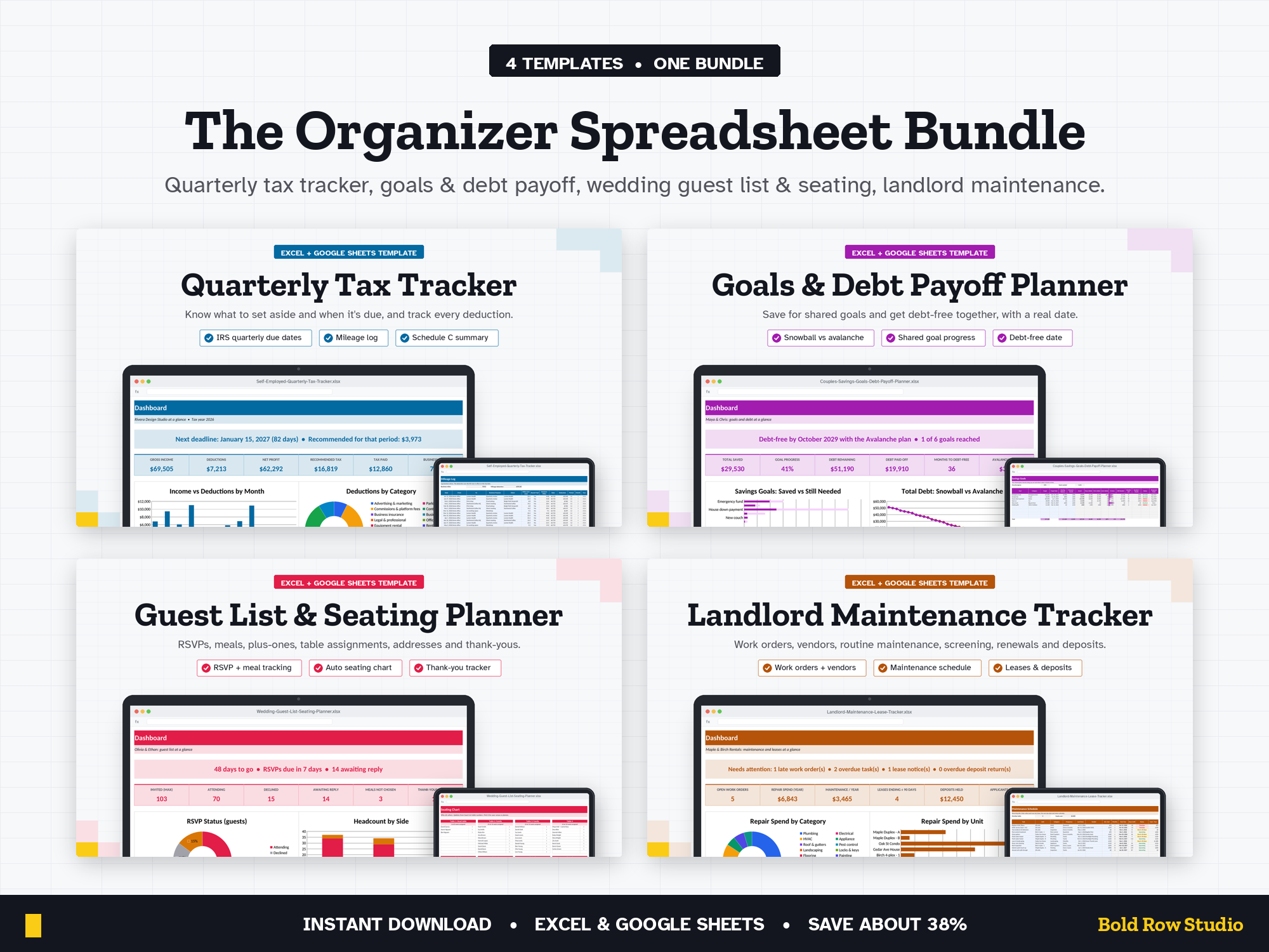 Planner Templates Bundle: Quarterly Taxes, Couples Goals, Wedding Seating & Landlord Maintenance (4 Spreadsheets)