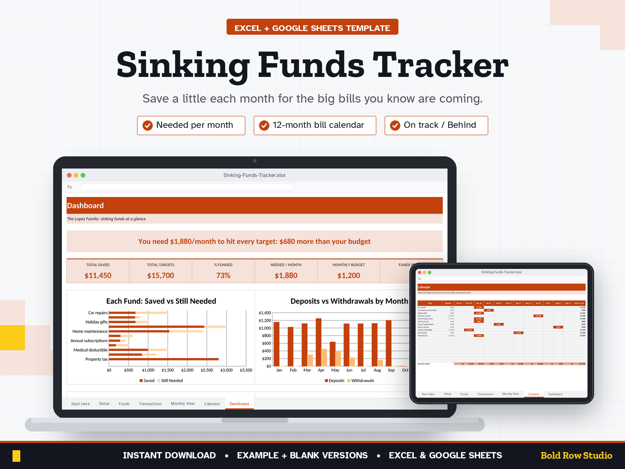 Sinking Funds Tracker: Save for Irregular Expenses, Annual Bills & Holidays (Excel + Google Sheets)