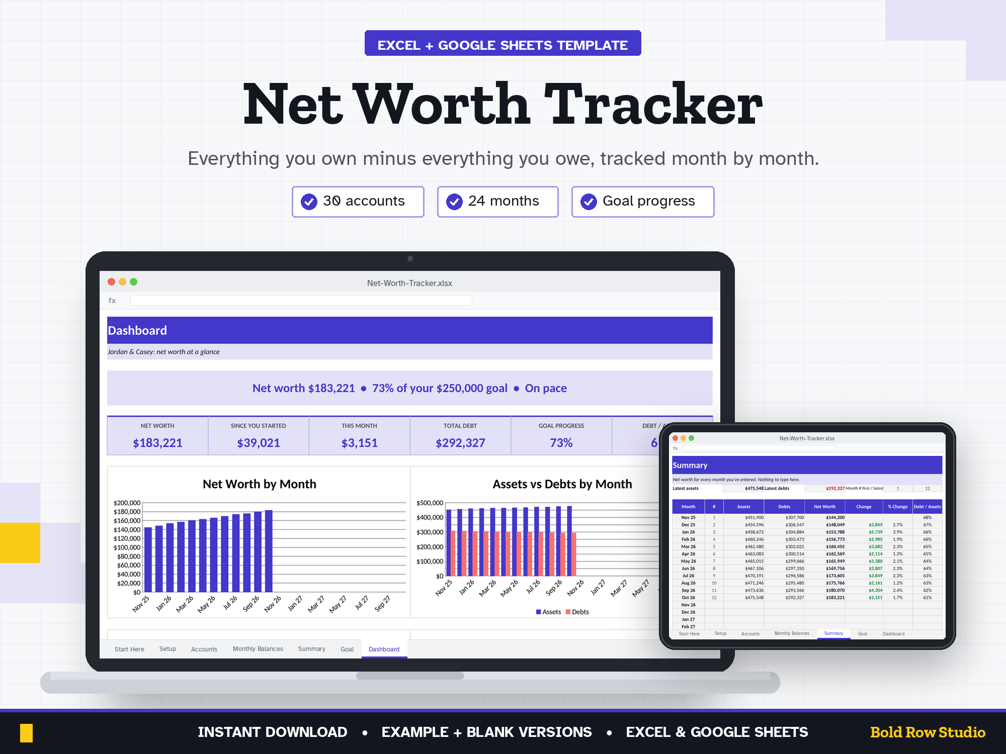 Net Worth Tracker: Monthly Assets, Debts & Net Worth Goal Spreadsheet (Excel + Google Sheets)