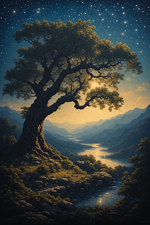 Cinematic artwork of a tree beside a river beneath a starry sky.
