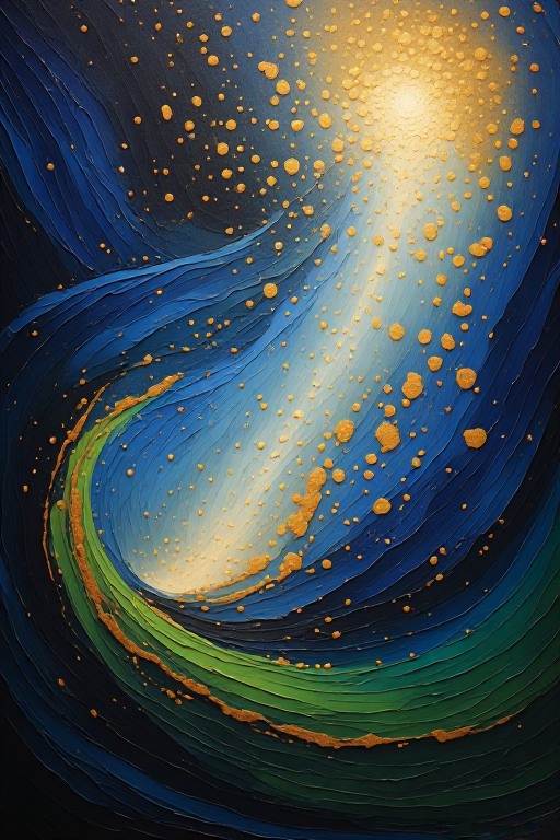 Abstract blue and green sweep rising into gold light.