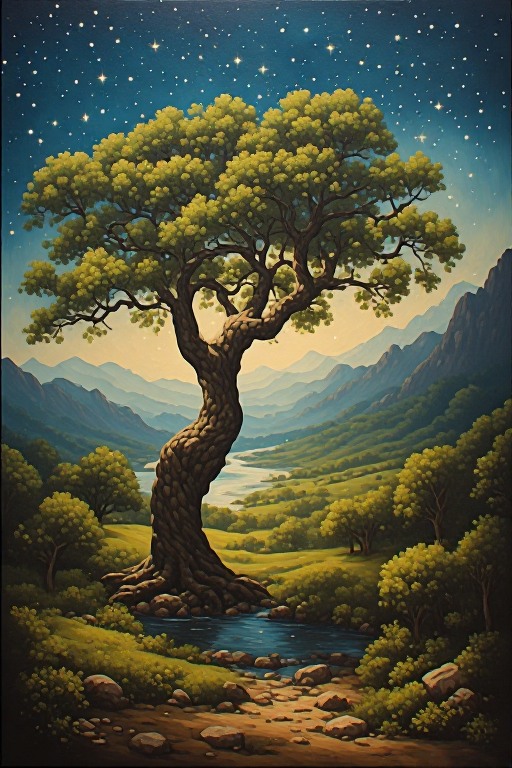 Oil-painting-style tree and river under a starry sky.