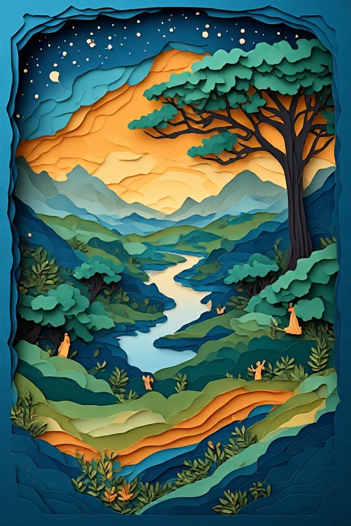 Layered-paper-style landscape with trees, river and golden sky.