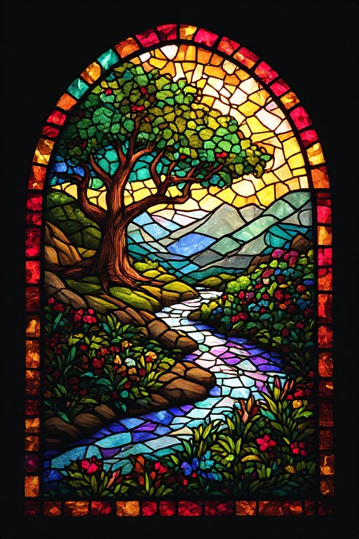 Stained-glass-style tree and river within an arched frame.