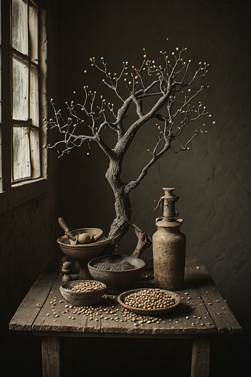 Still-life arrangement of budding branches, seeds and earthenware.