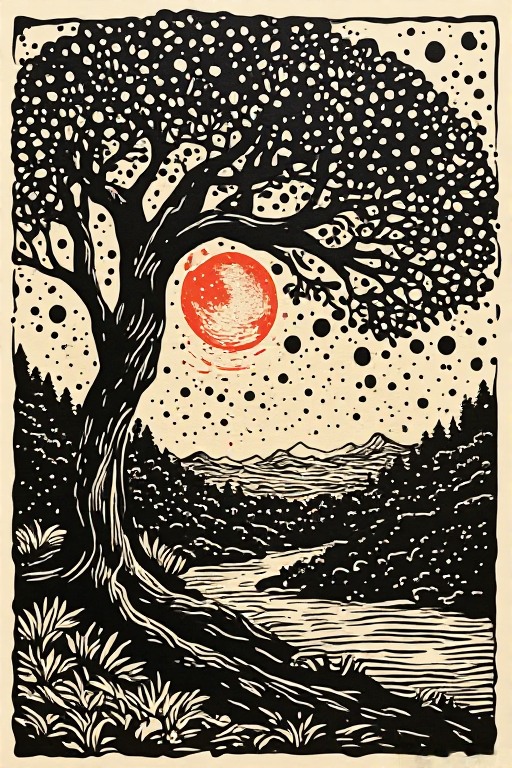 Woodcut-style tree, river and red sun.