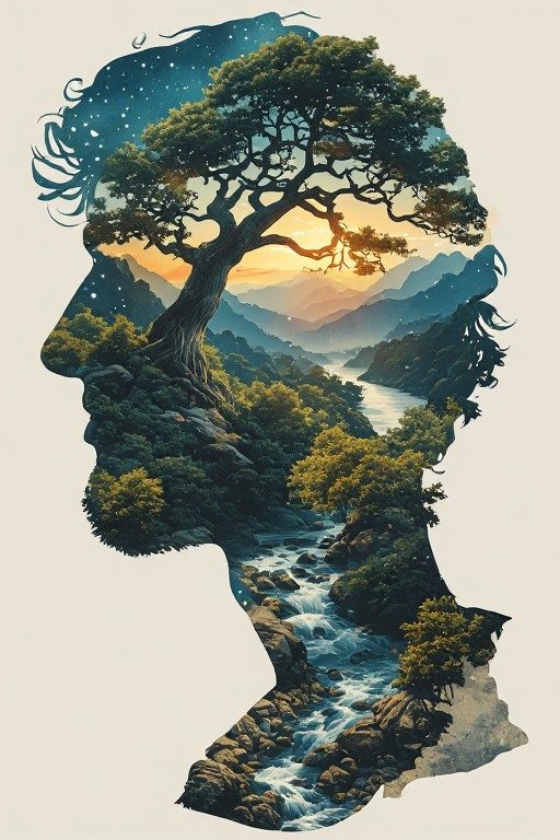 A human silhouette layered with a tree, river and mountain landscape.