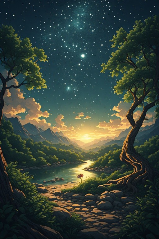 A low riverbank viewpoint beneath trees and a starry sky.