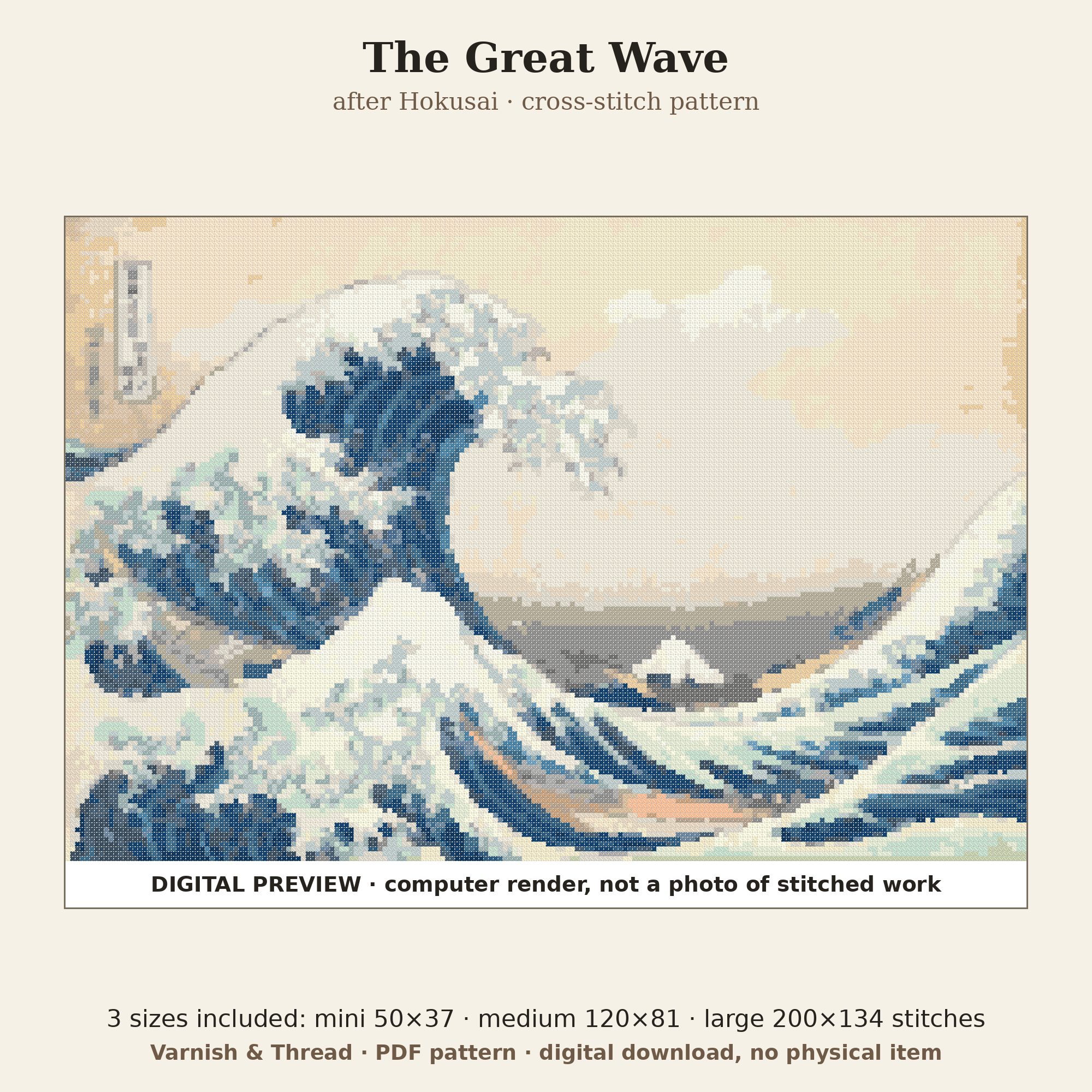 Varnish & Thread: The Great Wave Cross Stitch Pattern after Hokusai, 3 Sizes (PDF, DMC Floss)