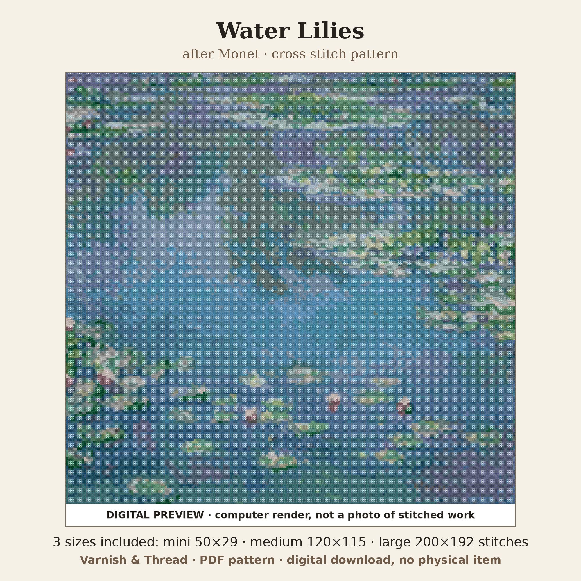 Varnish & Thread: Water Lilies Cross Stitch Pattern after Claude Monet, 3 Sizes (PDF, DMC Floss)