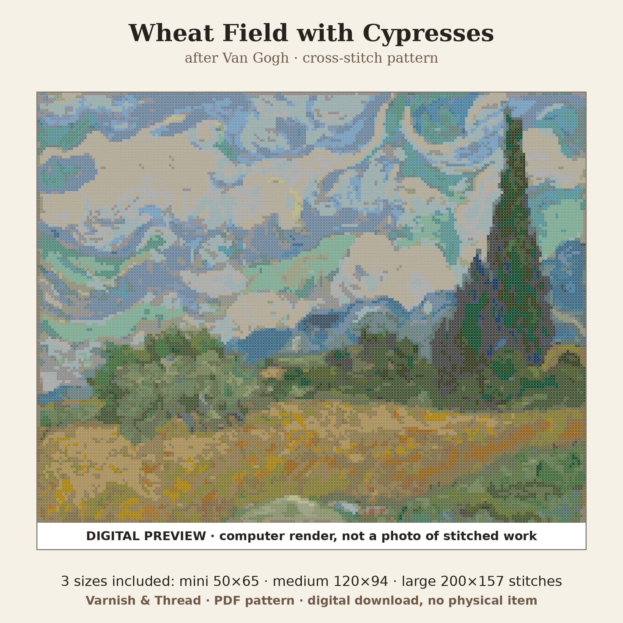 Varnish & Thread: Wheat Field with Cypresses Cross Stitch Pattern after Van Gogh, 3 Sizes (PDF)