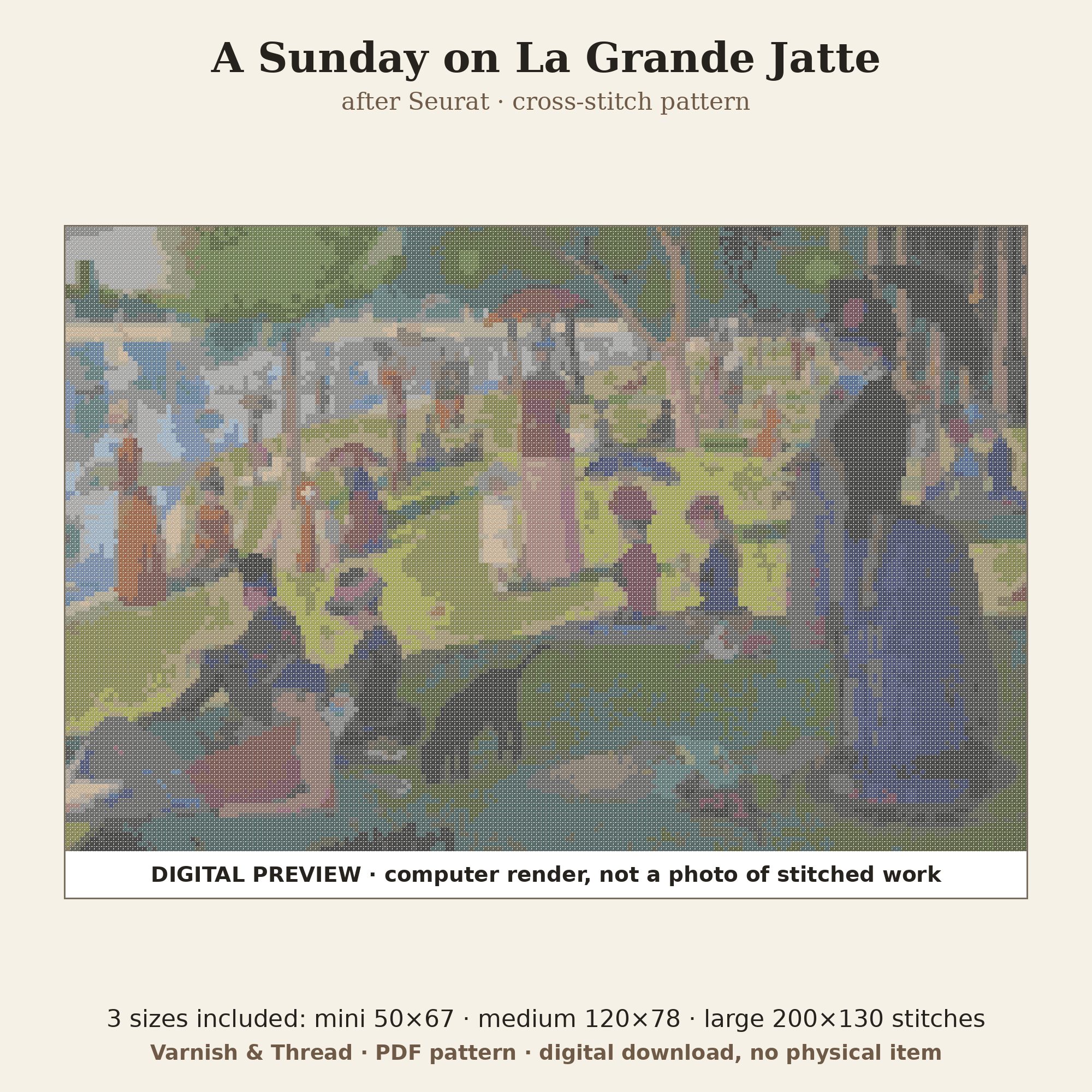 Varnish & Thread: A Sunday on La Grande Jatte Cross Stitch Pattern after Seurat, 3 Sizes (PDF)