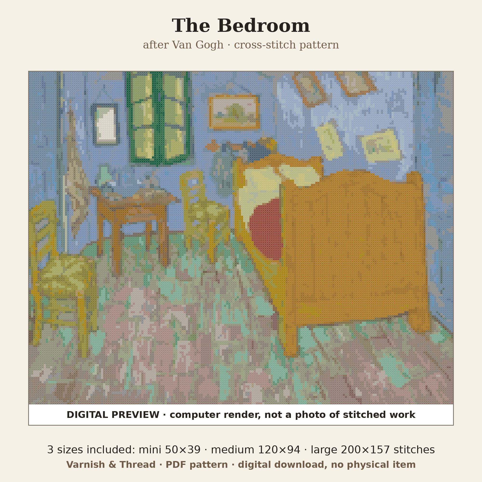 Varnish & Thread: The Bedroom Cross Stitch Pattern after Vincent van Gogh, 3 Sizes (PDF, DMC Floss)