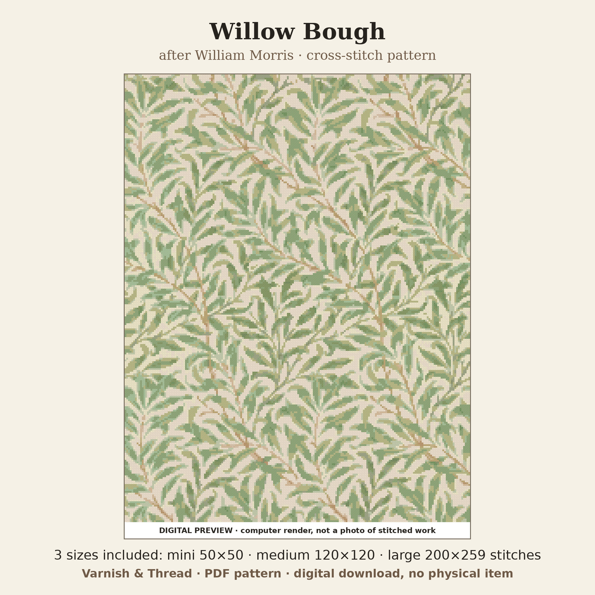 Varnish & Thread: William Morris Willow Bough Cross Stitch Pattern, 3 Sizes (PDF, DMC Floss)