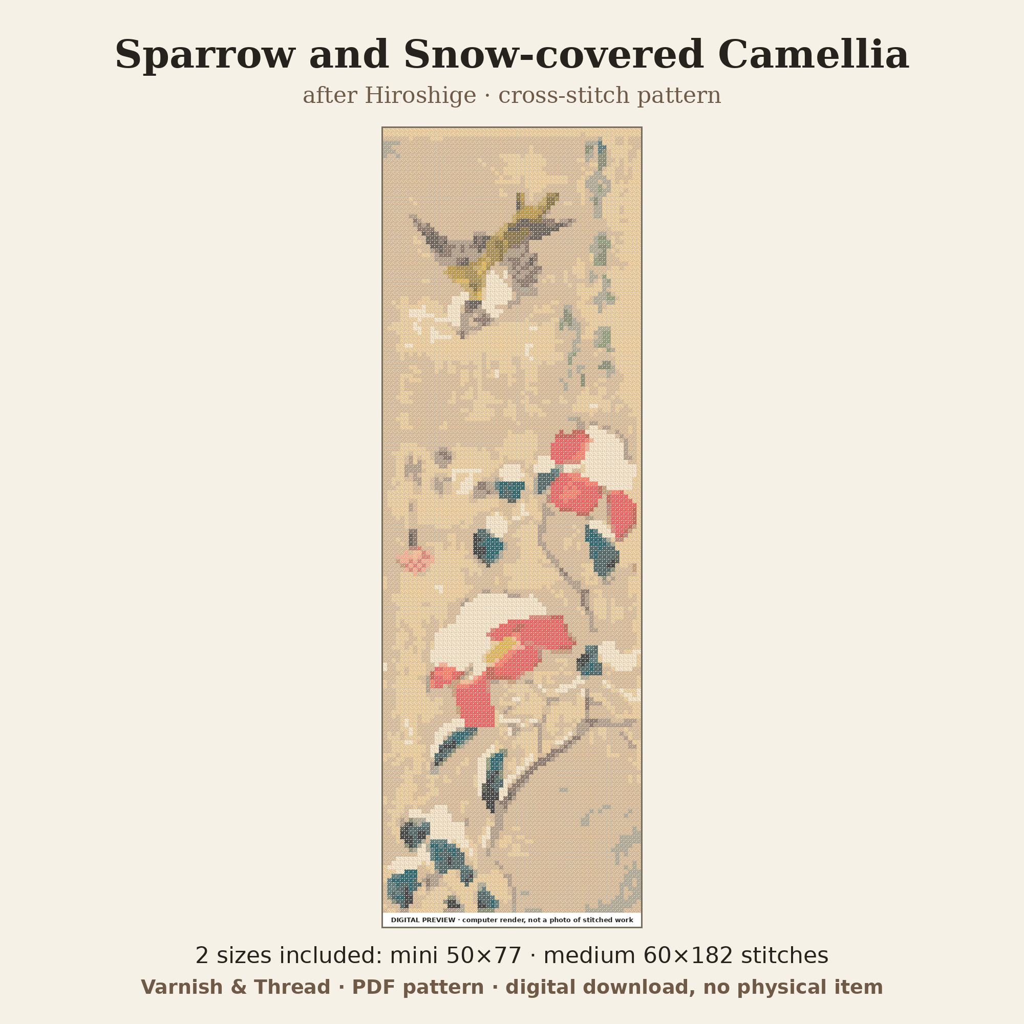 Varnish & Thread: Sparrow and Snowy Camellia Cross Stitch Pattern after Hiroshige, Mini + Tall Panel (PDF)