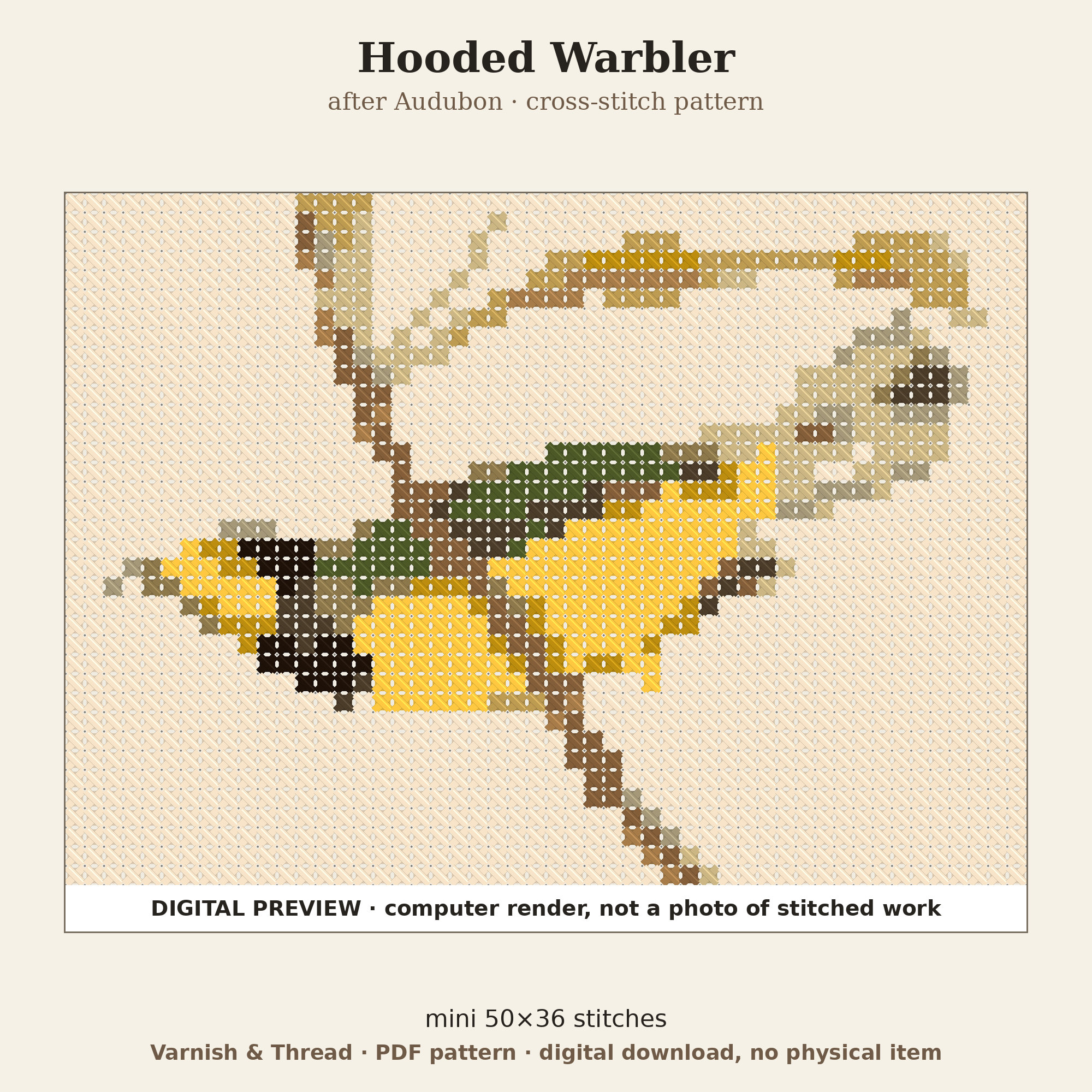 Varnish & Thread: Hooded Warbler Mini Cross Stitch Pattern after Audubon (PDF, Ornament Size)