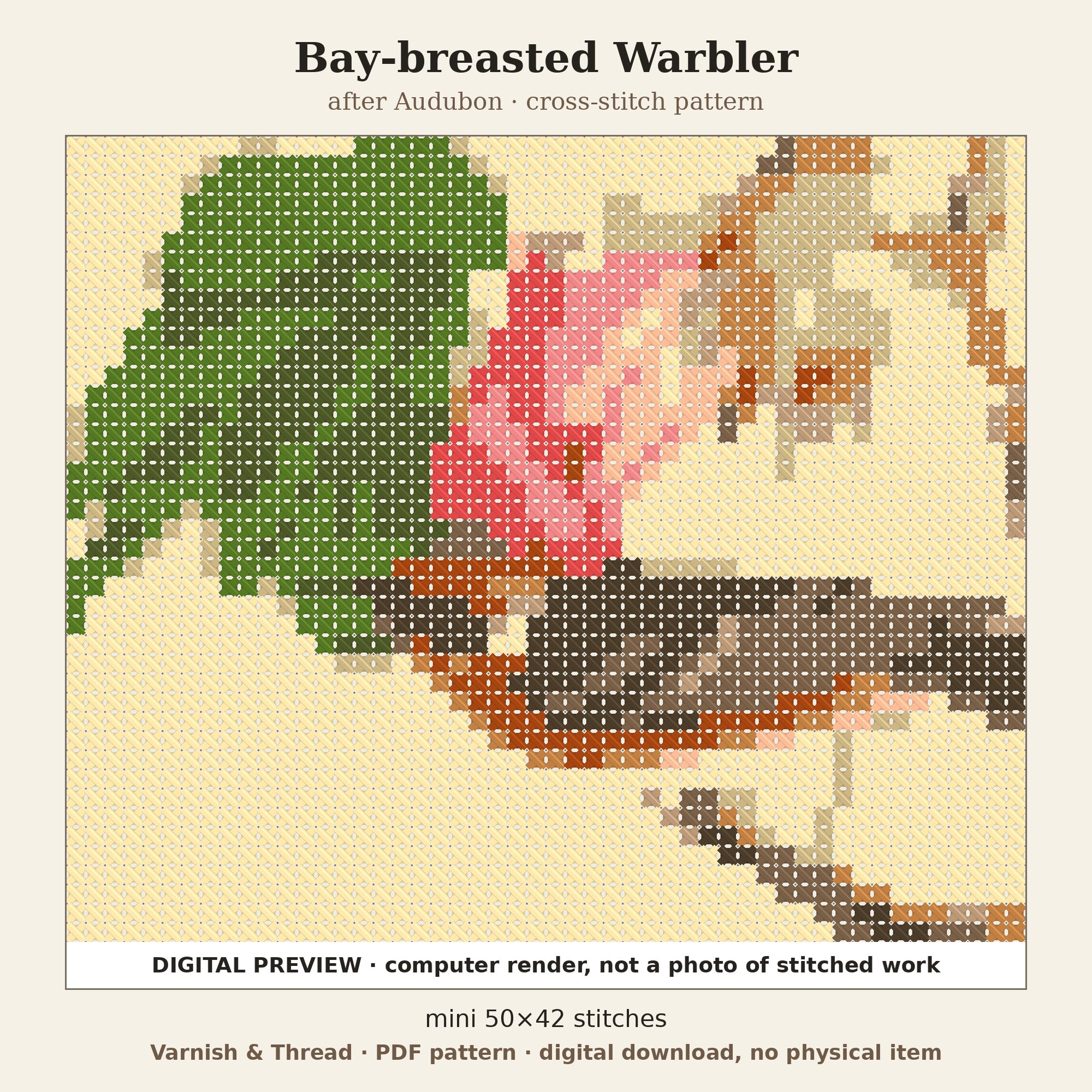 Varnish & Thread: Bay-breasted Warbler Mini Cross Stitch Pattern after Audubon (PDF, Ornament Size)