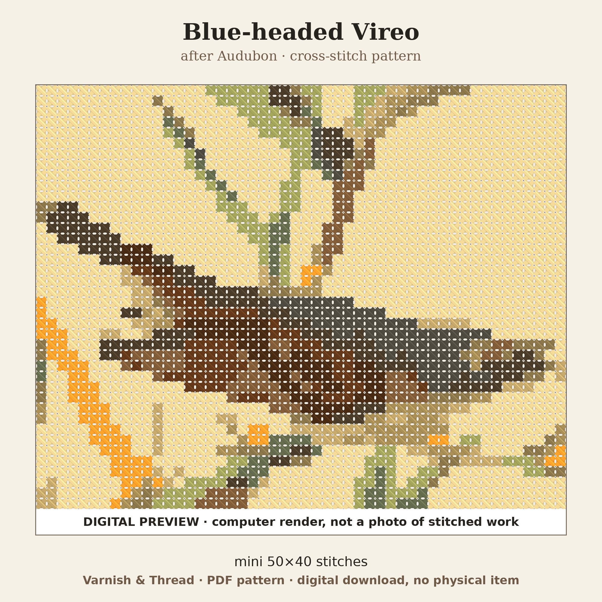Varnish & Thread: Blue-headed Vireo Mini Cross Stitch Pattern after Audubon (PDF, Ornament Size)