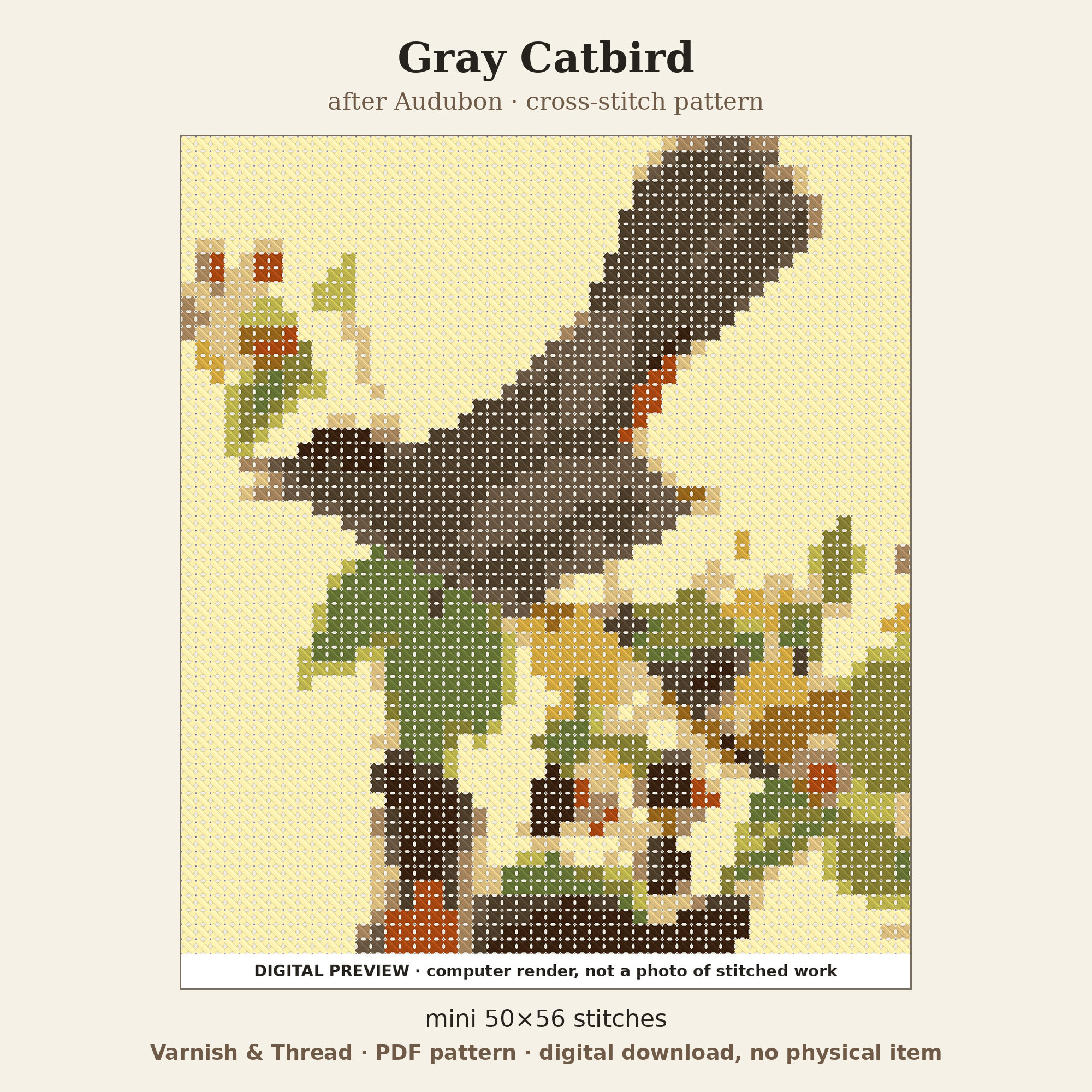 Varnish & Thread: Gray Catbird Mini Cross Stitch Pattern after Audubon (PDF, Ornament Size)