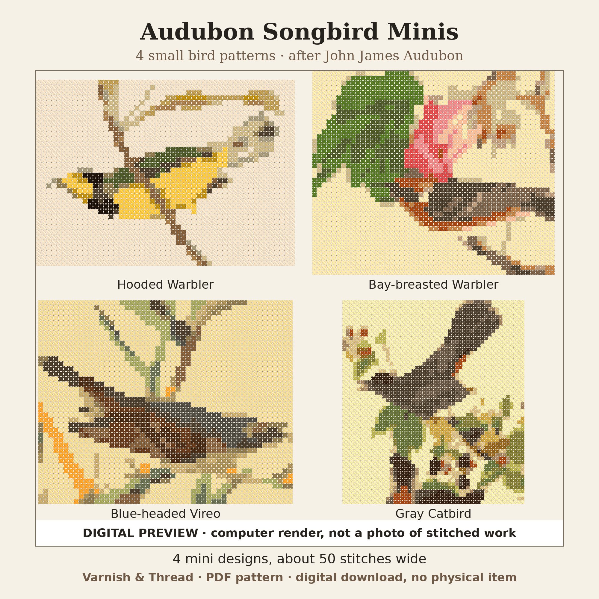 Varnish & Thread: Audubon Songbird Mini Cross Stitch Pattern Set of 4 (PDF, Ornament Size)