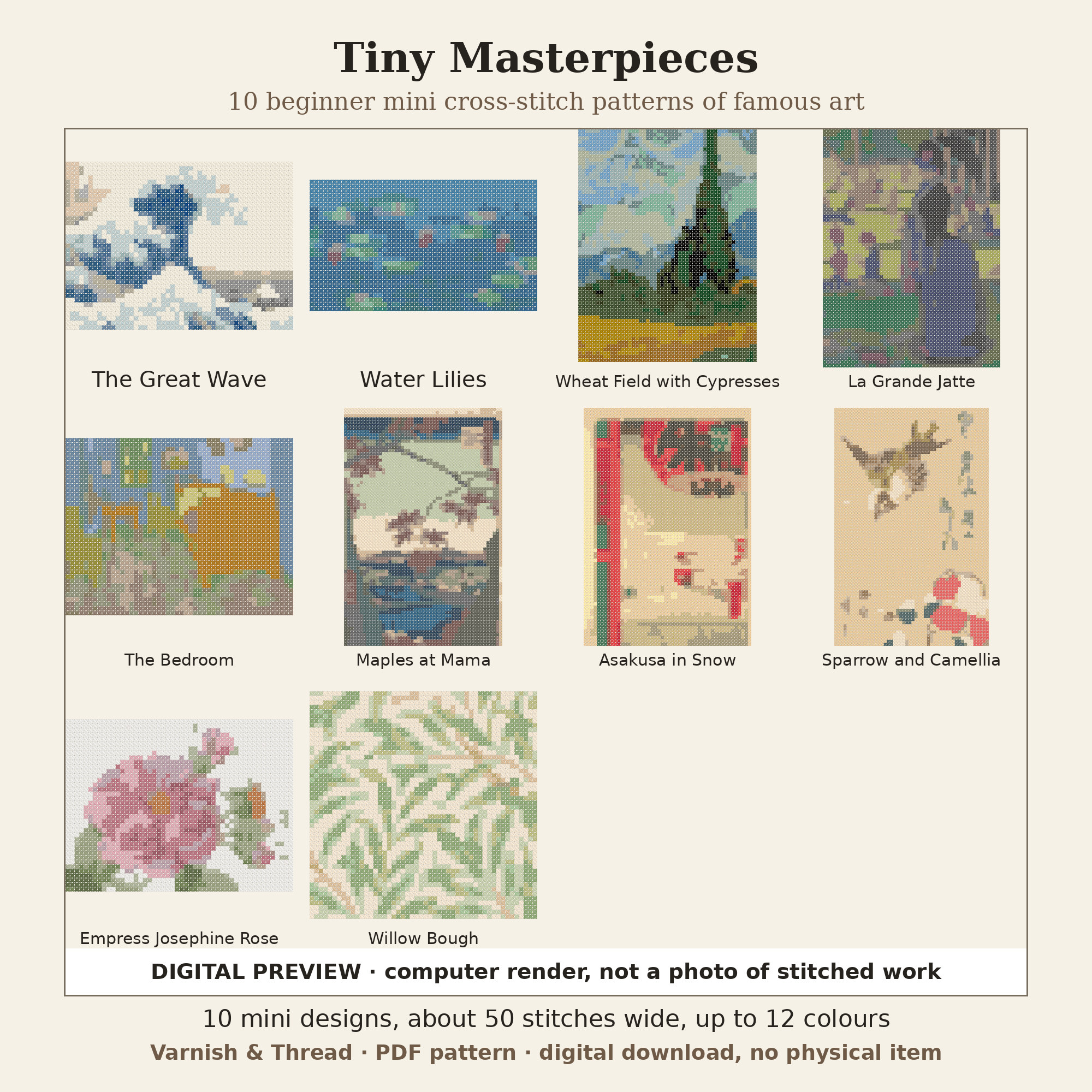 Varnish & Thread: Tiny Masterpieces, 10 Beginner Mini Cross Stitch Patterns of Famous Art (PDF)