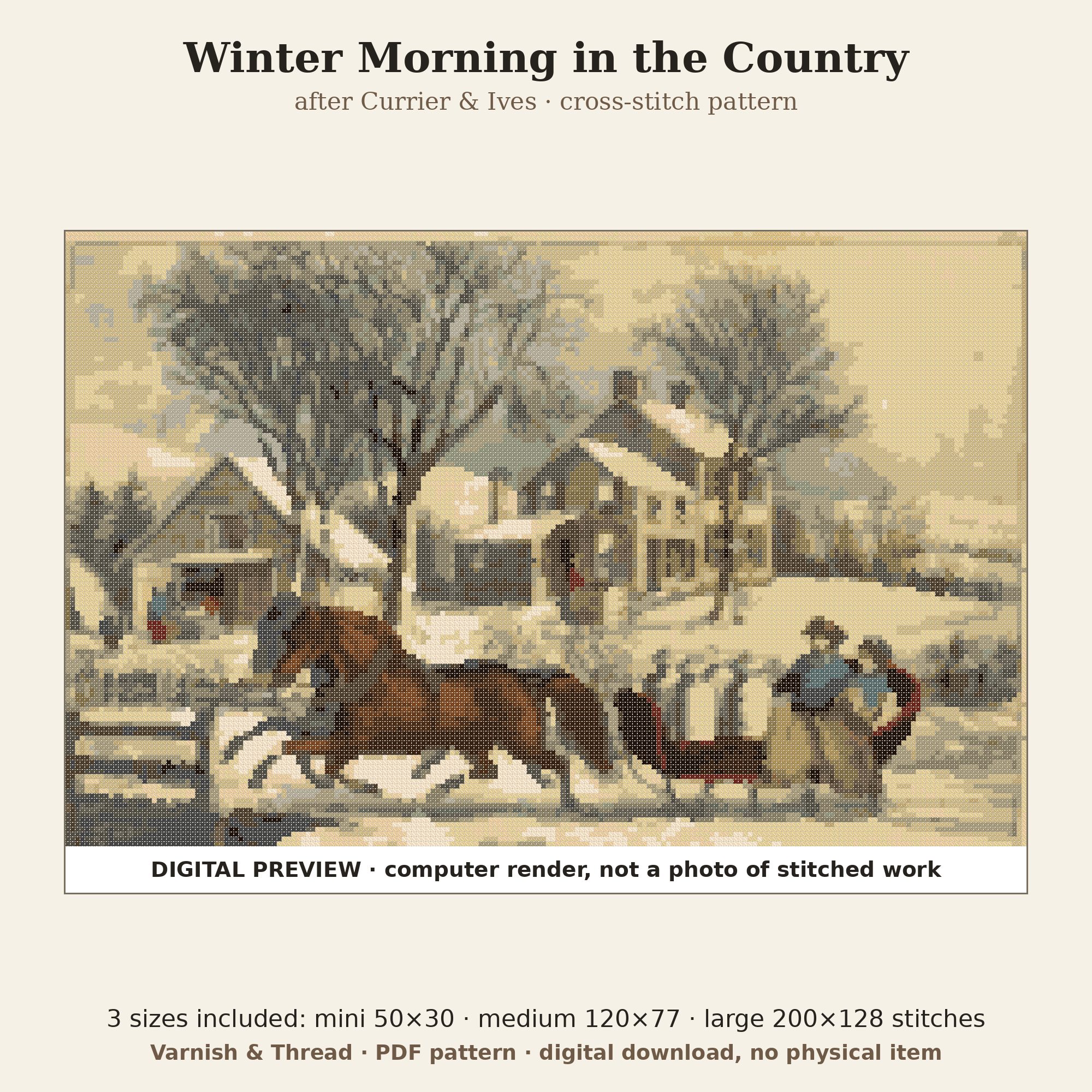 Varnish & Thread: Currier & Ives Winter Morning Cross Stitch Pattern, Christmas Sleigh Scene, 3 Sizes (PDF)