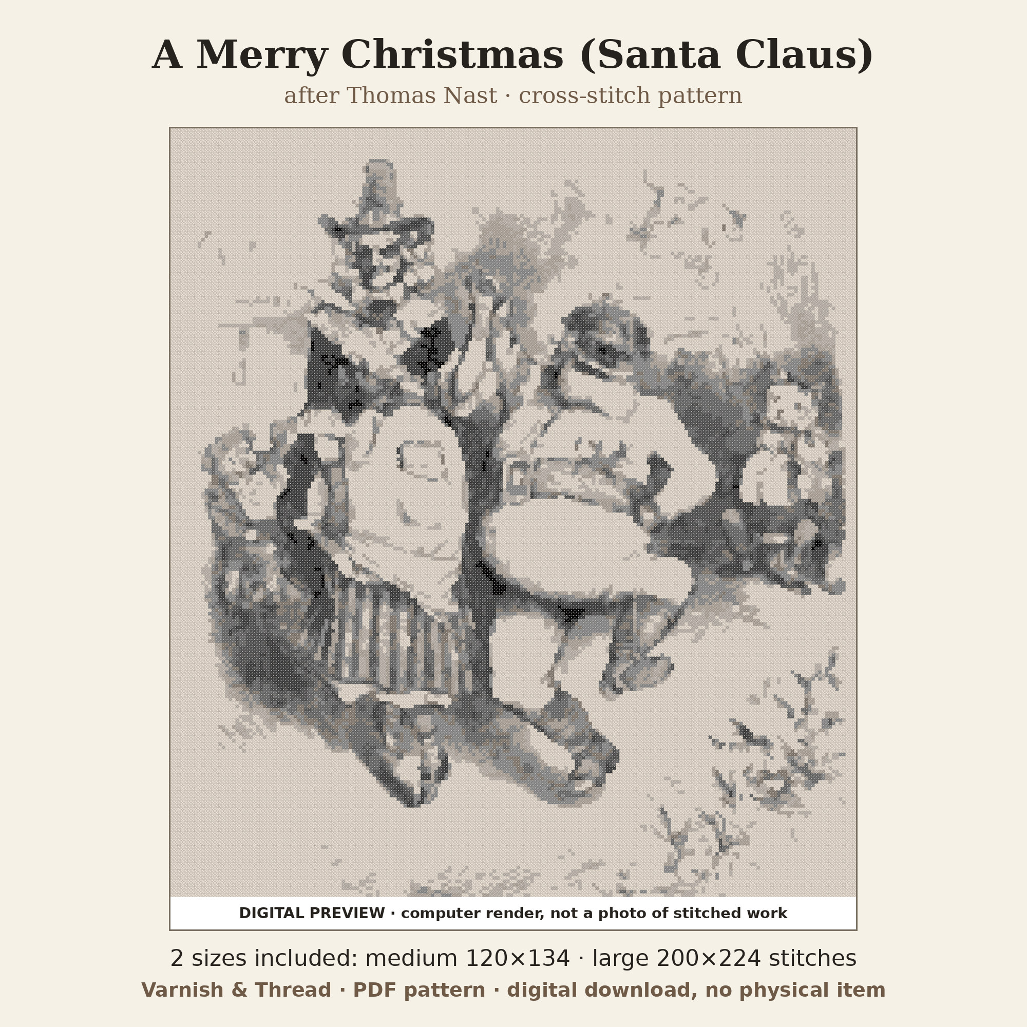 Varnish & Thread: Thomas Nast Santa Claus Cross Stitch Pattern, Victorian Christmas Engraving, 2 Sizes (PDF)