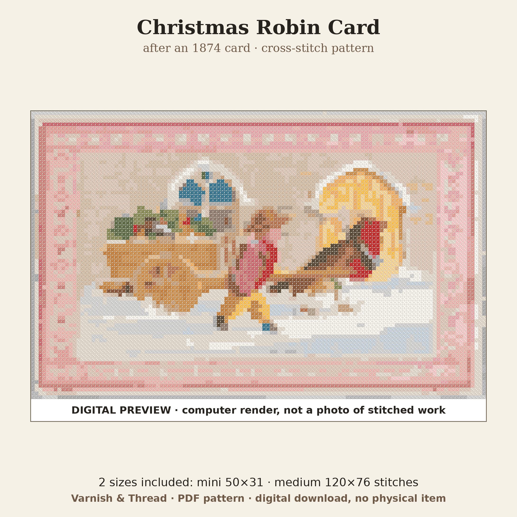 Varnish & Thread: Victorian Christmas Card Cross Stitch Pattern, Robin and Holly Cart, Mini + Medium (PDF)