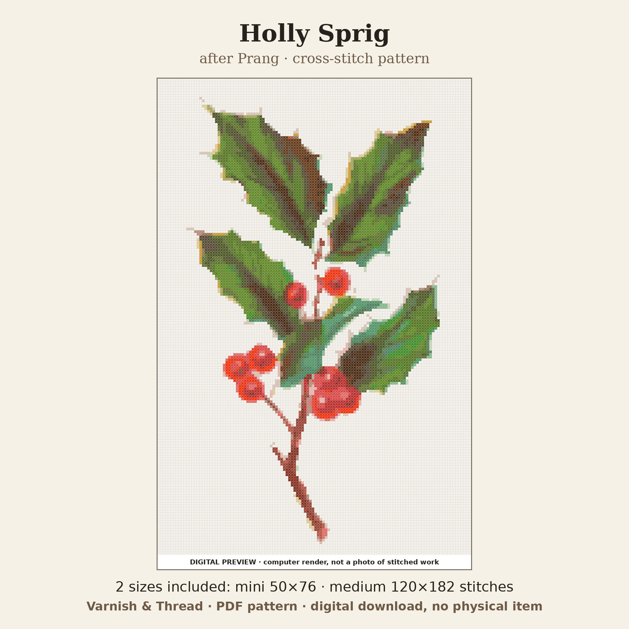 Varnish & Thread: Holly Sprig Cross Stitch Pattern after Prang, Christmas Botanical, Mini + Medium (PDF)