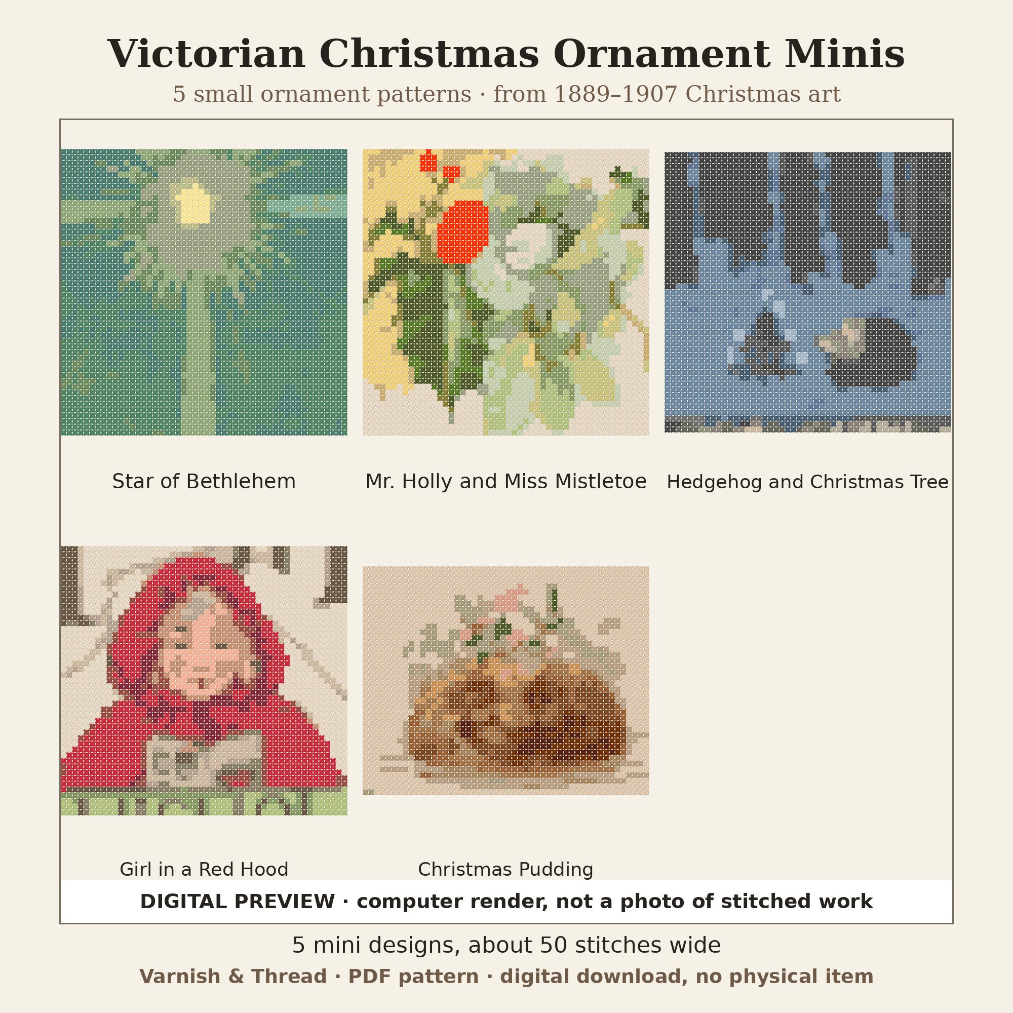 Varnish & Thread: Victorian Christmas Ornament Minis, 5 Small Cross Stitch Patterns (PDF, Ornament Size)