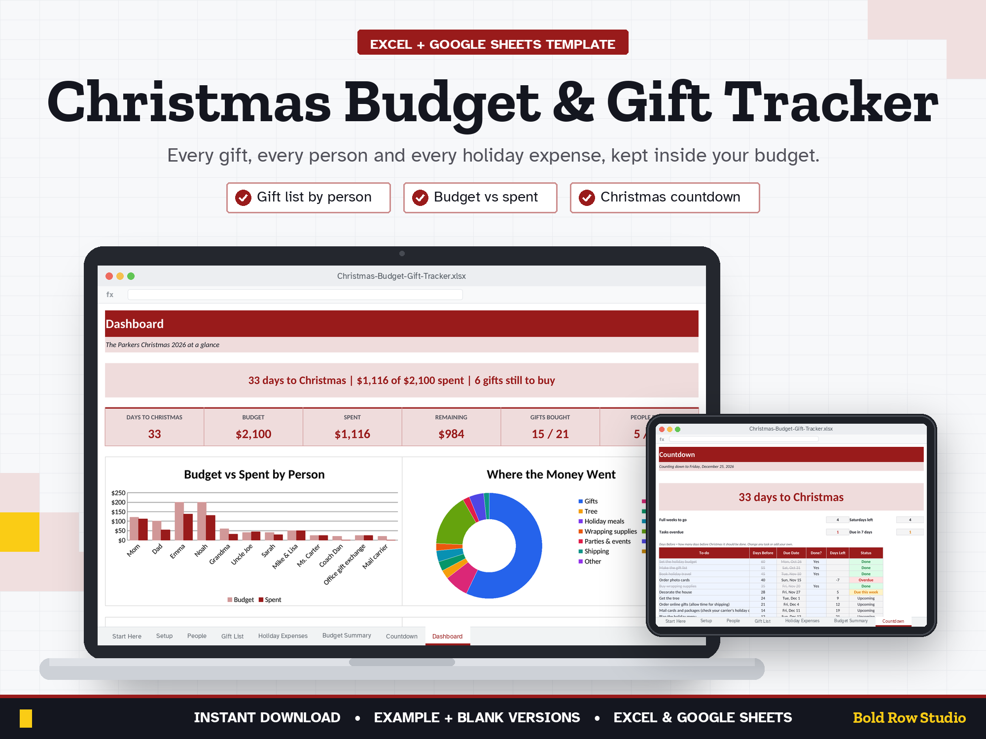 Christmas Budget & Gift Tracker: Gift List by Person, Holiday Budget & Countdown (Excel + Google Sheets)