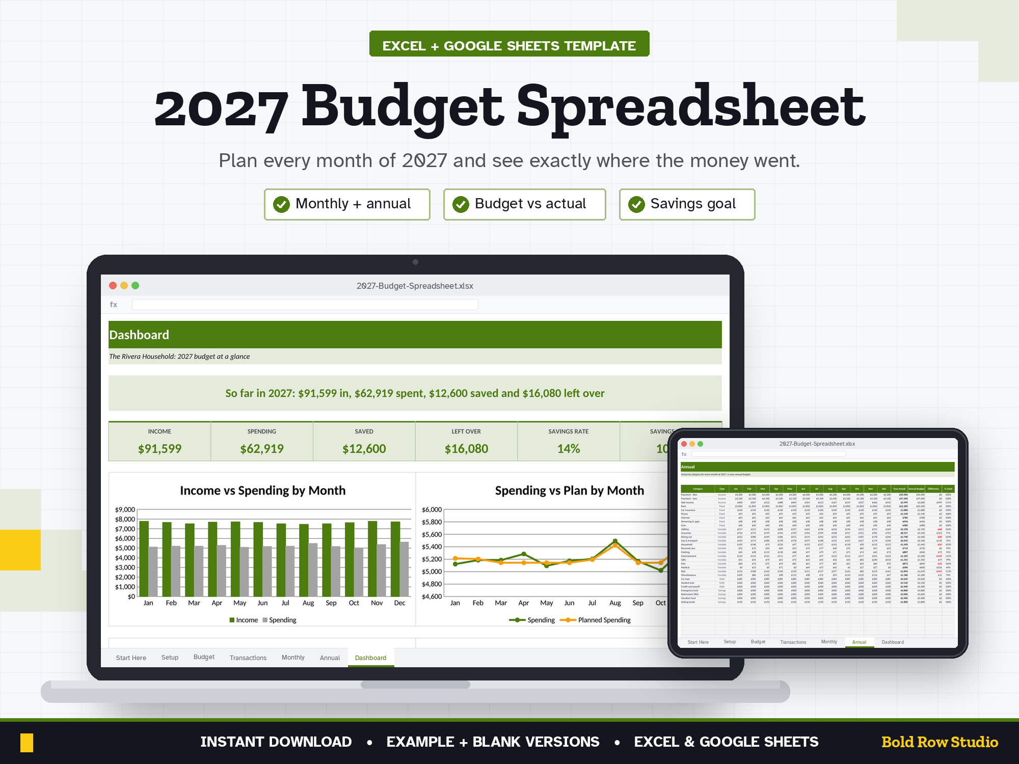 2027 Budget Spreadsheet: Monthly & Annual Budget Planner with Dashboard (Excel + Google Sheets)