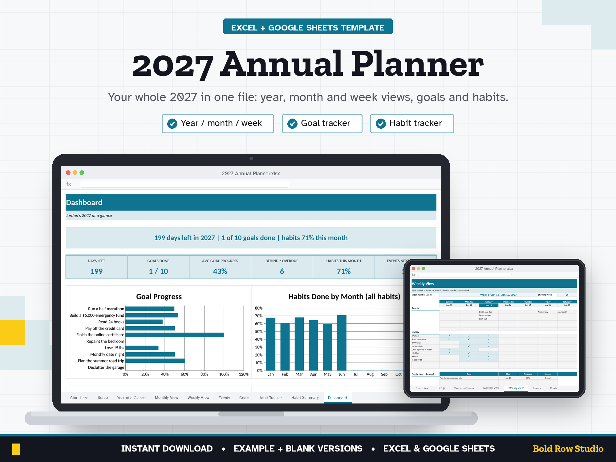 2027 Annual Planner Spreadsheet: Yearly, Monthly & Weekly Calendar with Goals & Habit Tracker (Excel + Google Sheets)