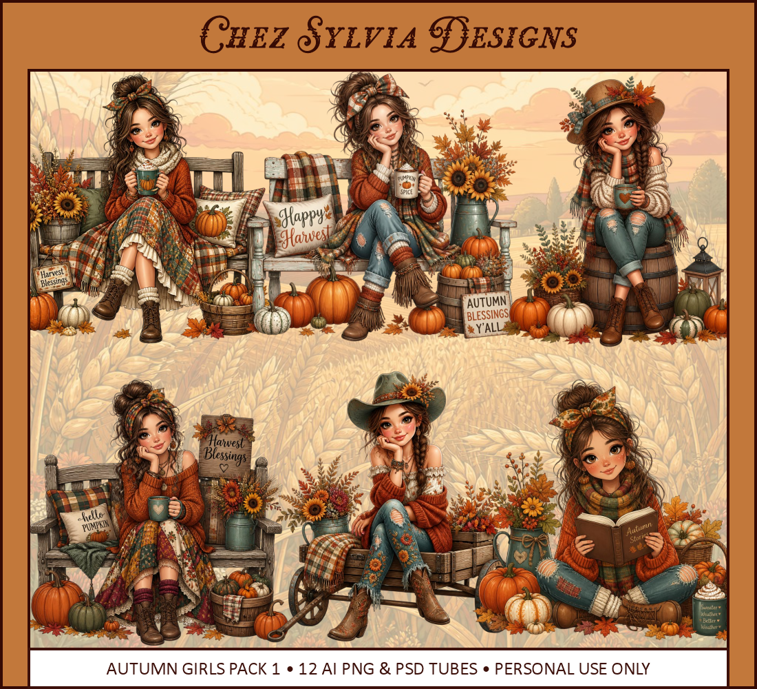 Autumn Girls PNG Bundle • 12 AI PNG & PSD Tagger Tubes • Pack1 - Payhip