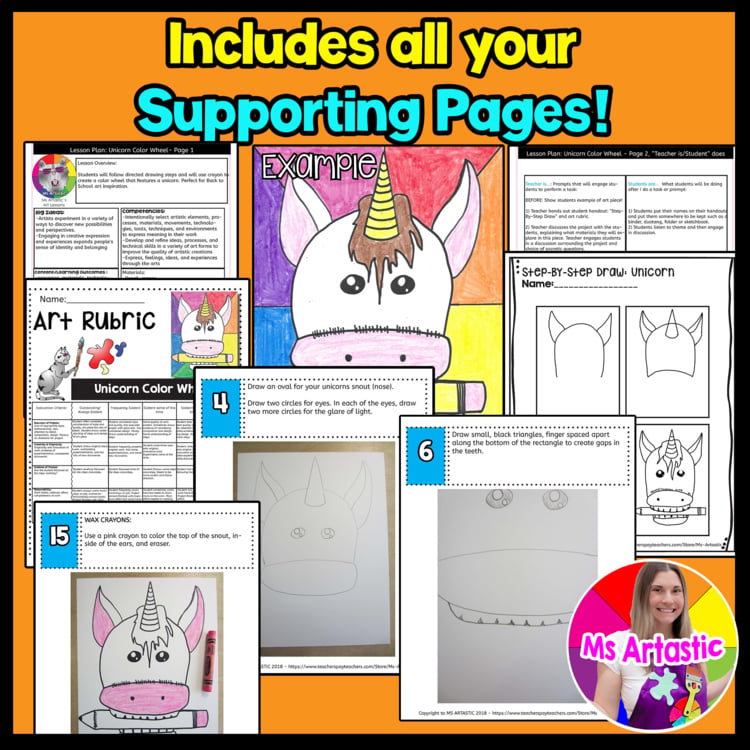Unicorn Color Wheel Art Lesson Directed Drawing Crayon Color Theory ...