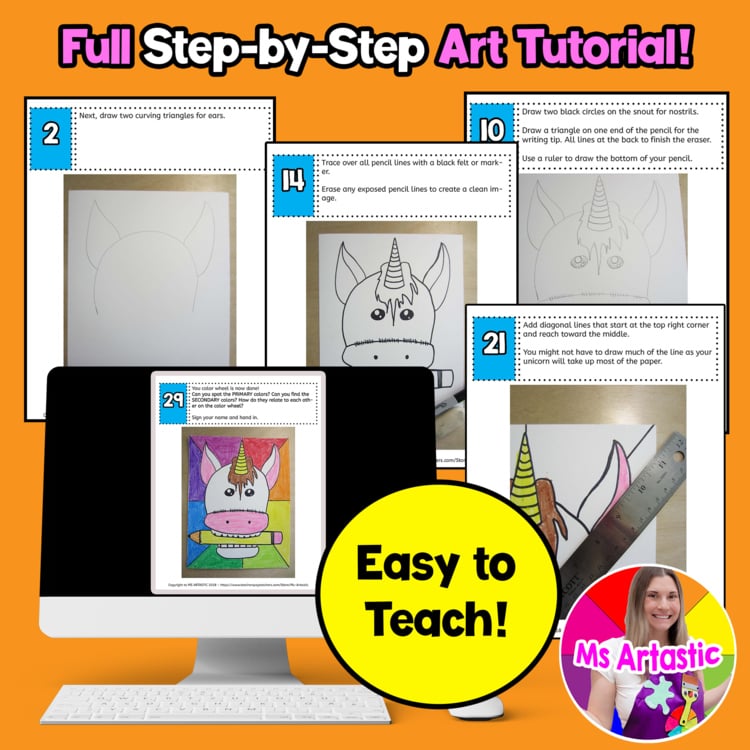 Unicorn Color Wheel Art Lesson Directed Drawing Crayon Color Theory ...