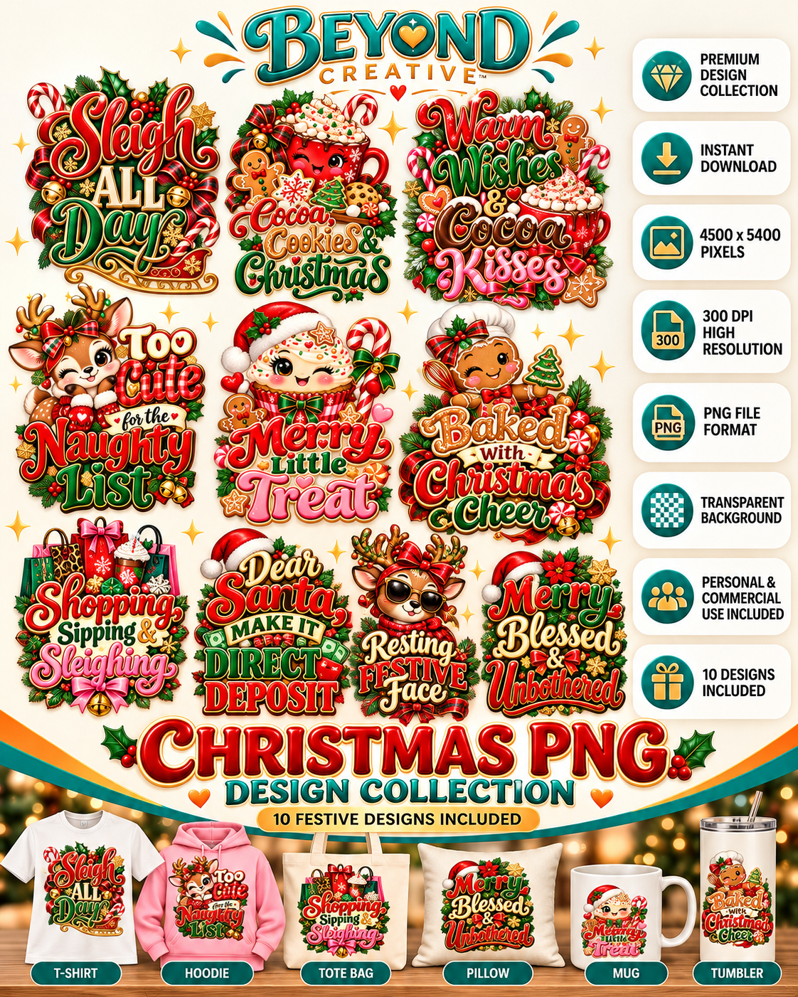 Christmas PNG Bundle | 10 Festive Holiday Designs | Christmas ...